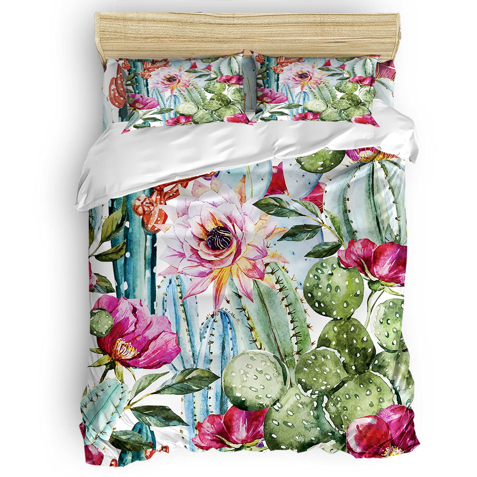TAKEMEHOME 4-Piece Succulent Cactus Duvet Cover Set - Watercolor Botanical Bedding for Kids (2 Pillowcases + 1 Flat Sheet + 1 Quilt Cover) - Perfect for Boys & Girls Bedrooms, Dorm Rooms & Nursery Decor