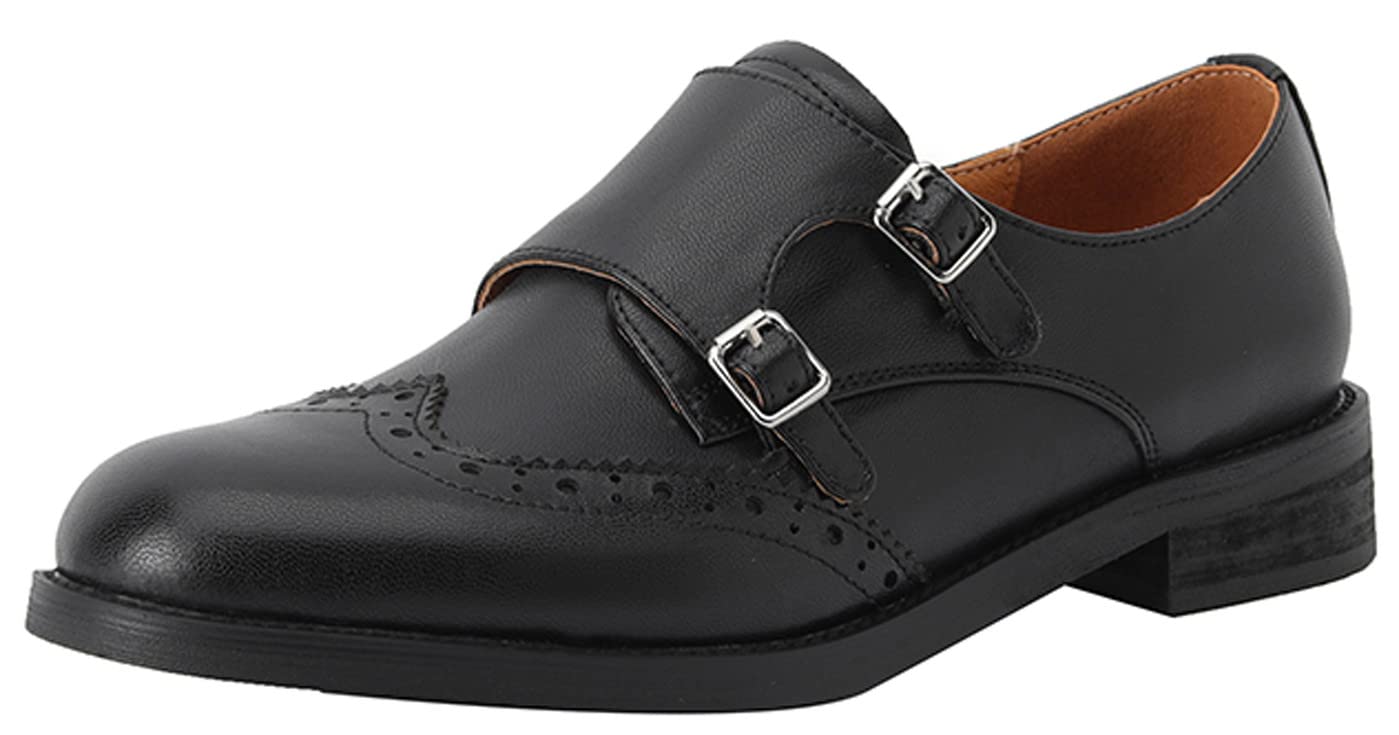 U-lite Women's Monk Strap Dress Shoes - Genuine Sheepskin Leather, Perforated Oxfords with Fashion Buckle - Perfect for Office, Wedding & Formal Occasions