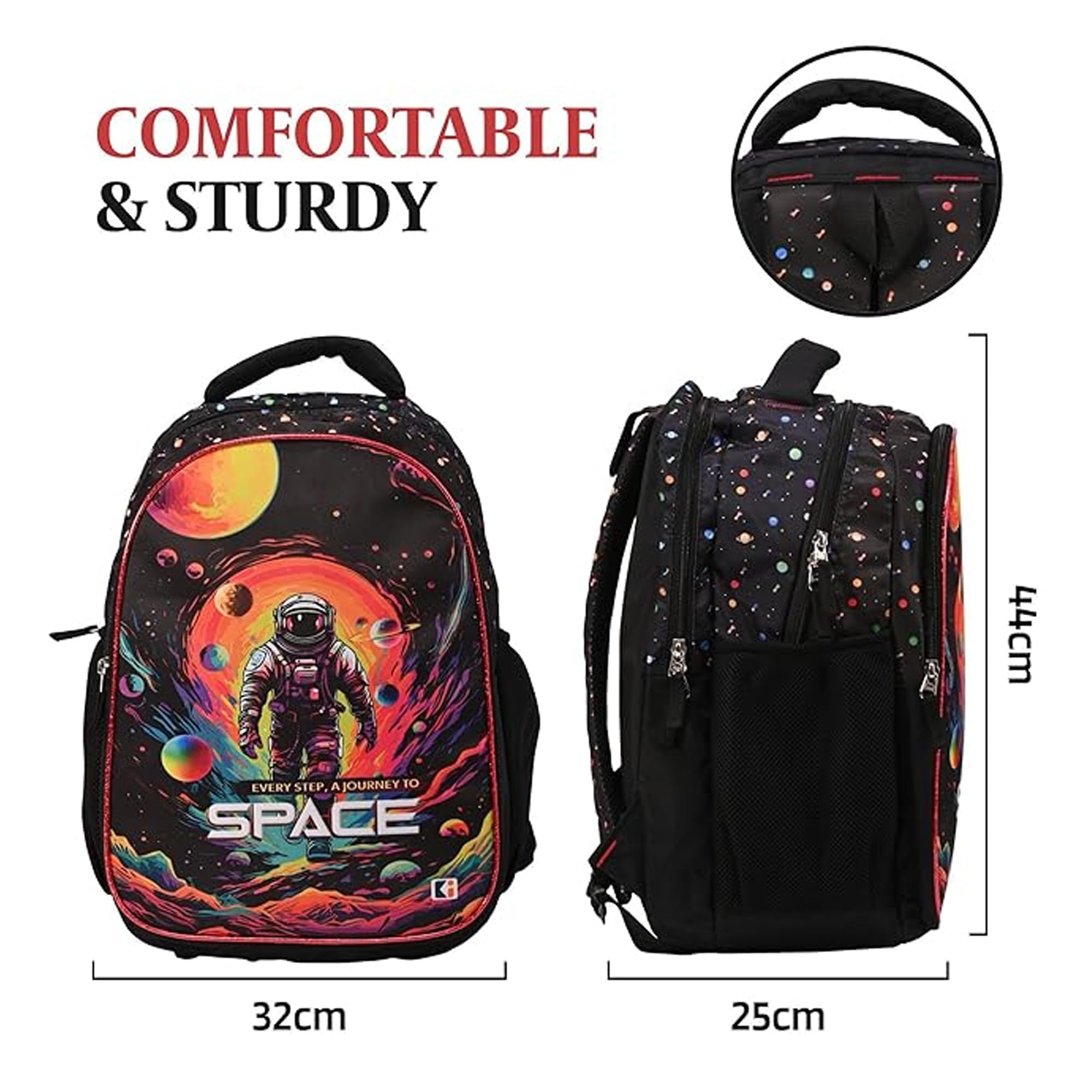 Kuber Industries Space Themed School Backpack - 4 Compartment Water Resistant Bookbag for College & High School | Durable Daypack for Boys & Teens | Perfect for School, Travel & Outdoor Adventures | Black