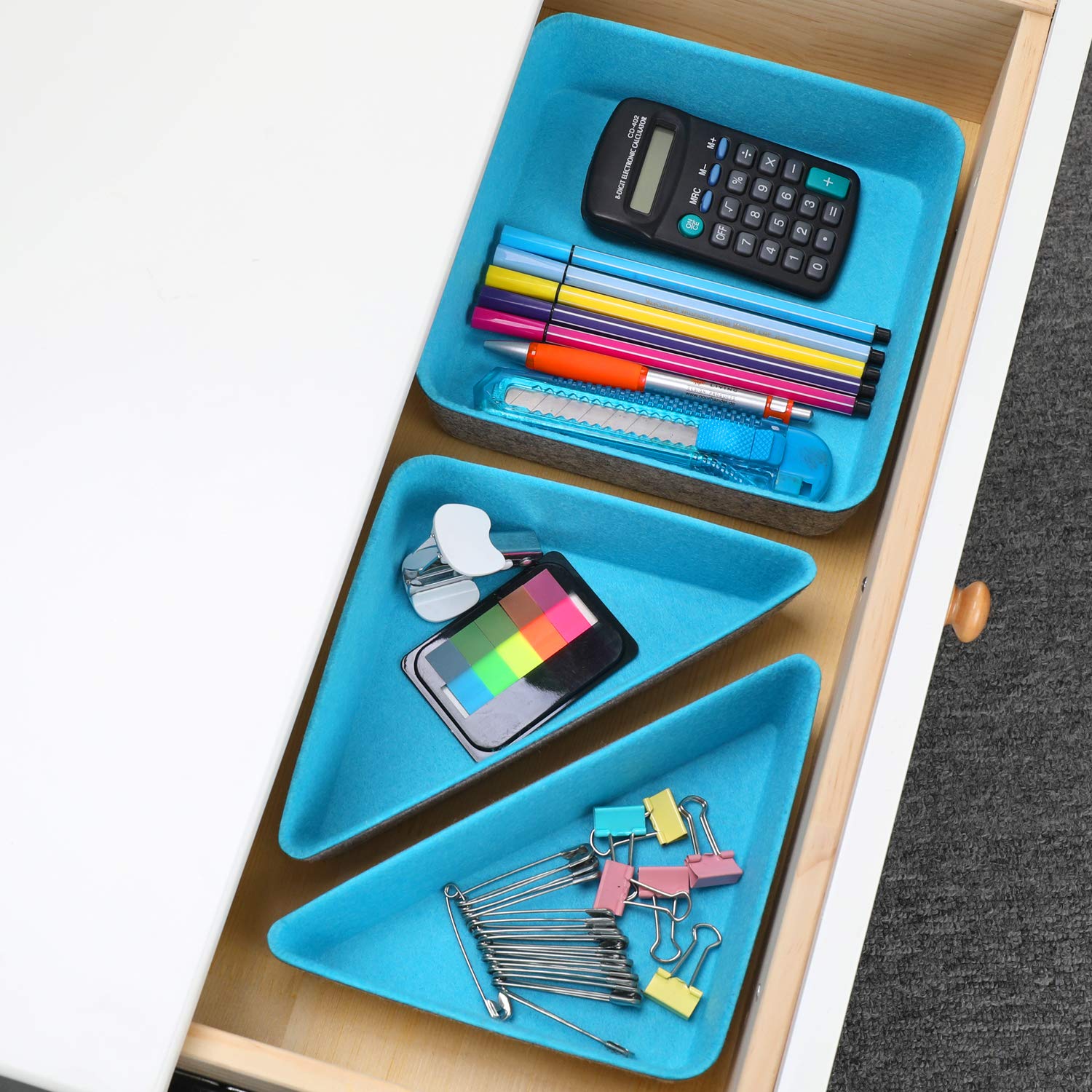 Welaxy 3-Pack Felt Drawer Organizer Trays - Sky Blue Desktop Storage Bins for Office, Kitchen, Bathroom & Closet Organization