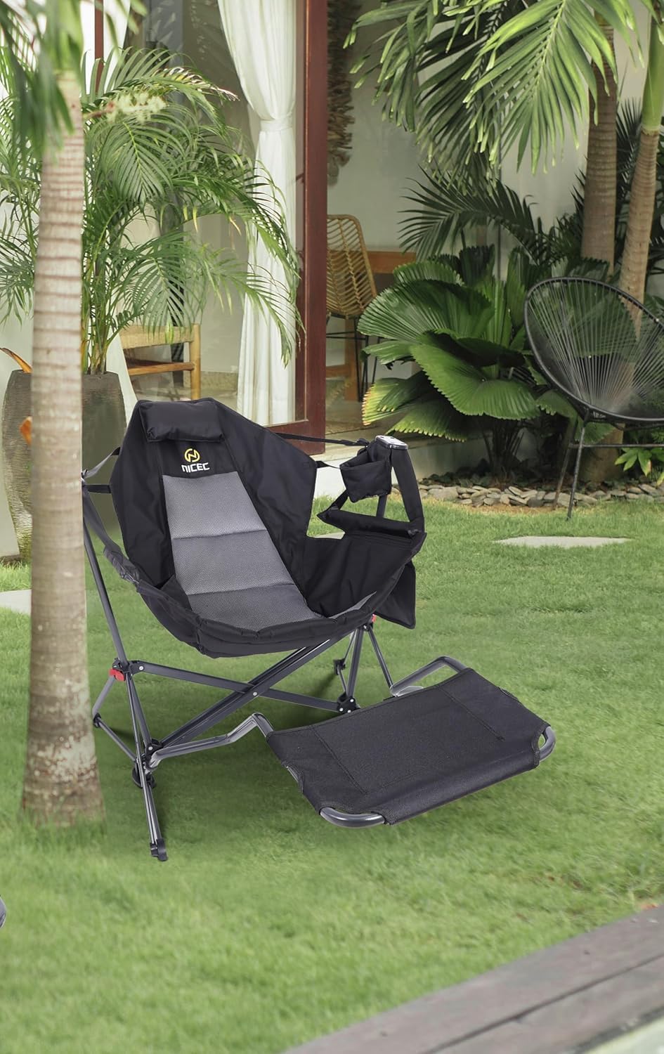 Premium Hammock Camping Chair with Stand - Heavy Duty Rocking Swivel Chair with High Back Support, Cup Holder & Side Pockets - Portable Outdoor Lounge Chair for Backyard, Beach, Camping & Patio Relaxation (Black with Footrest)