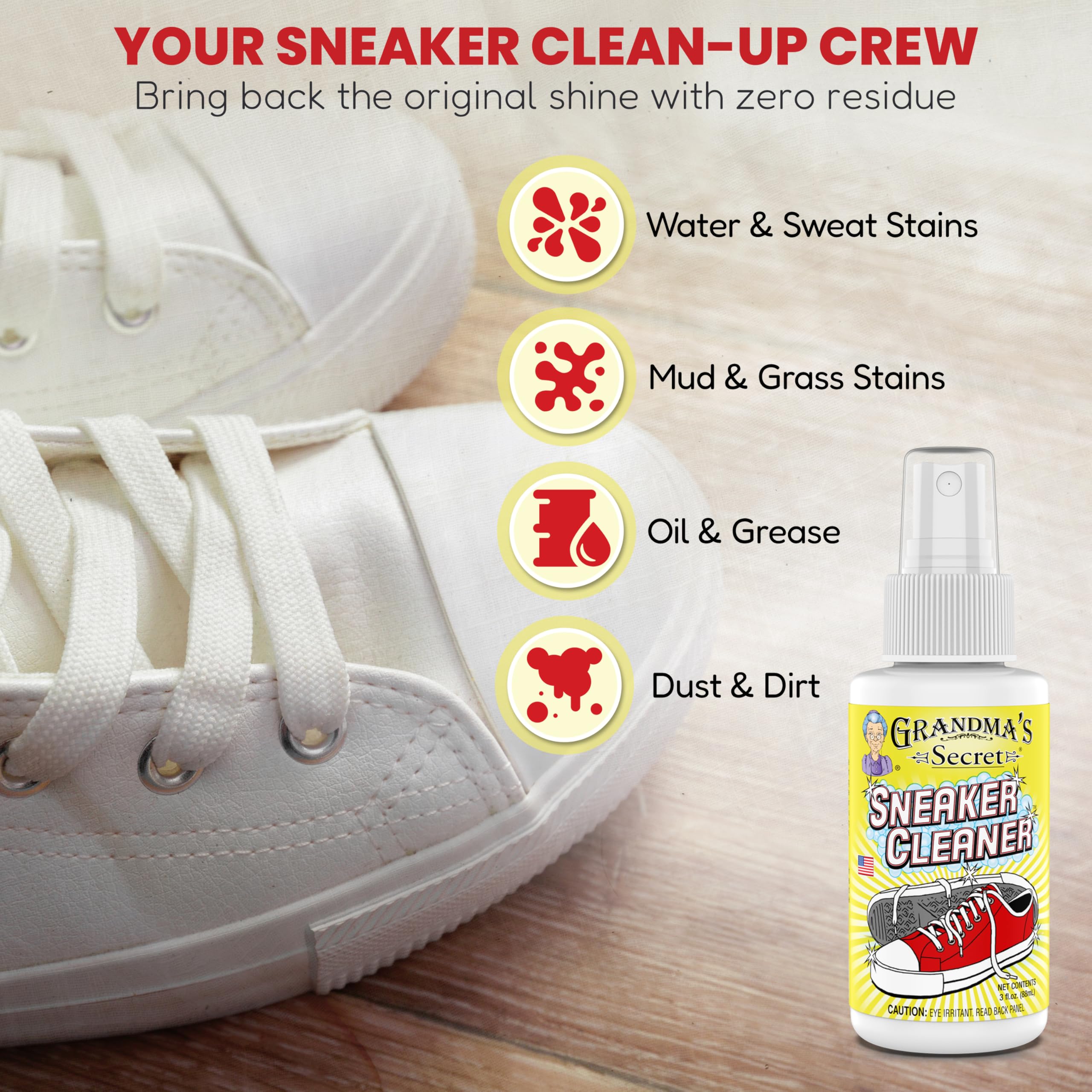 Grandma's Secret Sneaker Cleaner - 3 Pack (3oz Each) | Effective Shoe Cleaner Spray for Rubber, Canvas & Leather | Removes Dirt, Grime & Grass Stains | Perfect for Sneakers, Outdoor Shoes, Slippers & Moccasins | Ideal for Sports, Hiking & Everyday Wear