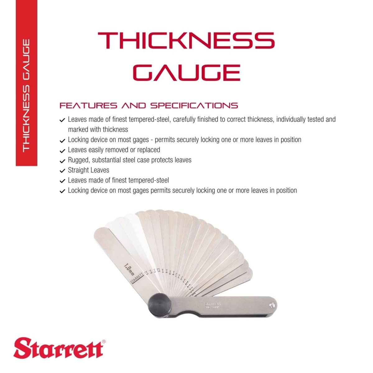 Starrett Tempered Steel Metric Thickness Gauge - 20 Leaves (12.7mm x 77mm) - Precision Measuring Tool for Carpentry, Metalworking & DIY Projects - Ideal for Woodworking, Automotive Repair & Home Improvement - 66MA Model