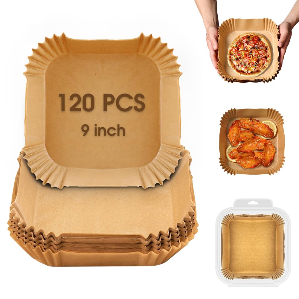 120pcs 9-Inch Square Air Fryer Paper Liners - Food Grade Parchment Sheets, Oil & Water Proof Disposable Liners for Air Fryer, Microwave, Oven - Perfect for Frying, Baking, Roasting & Reheating Foods