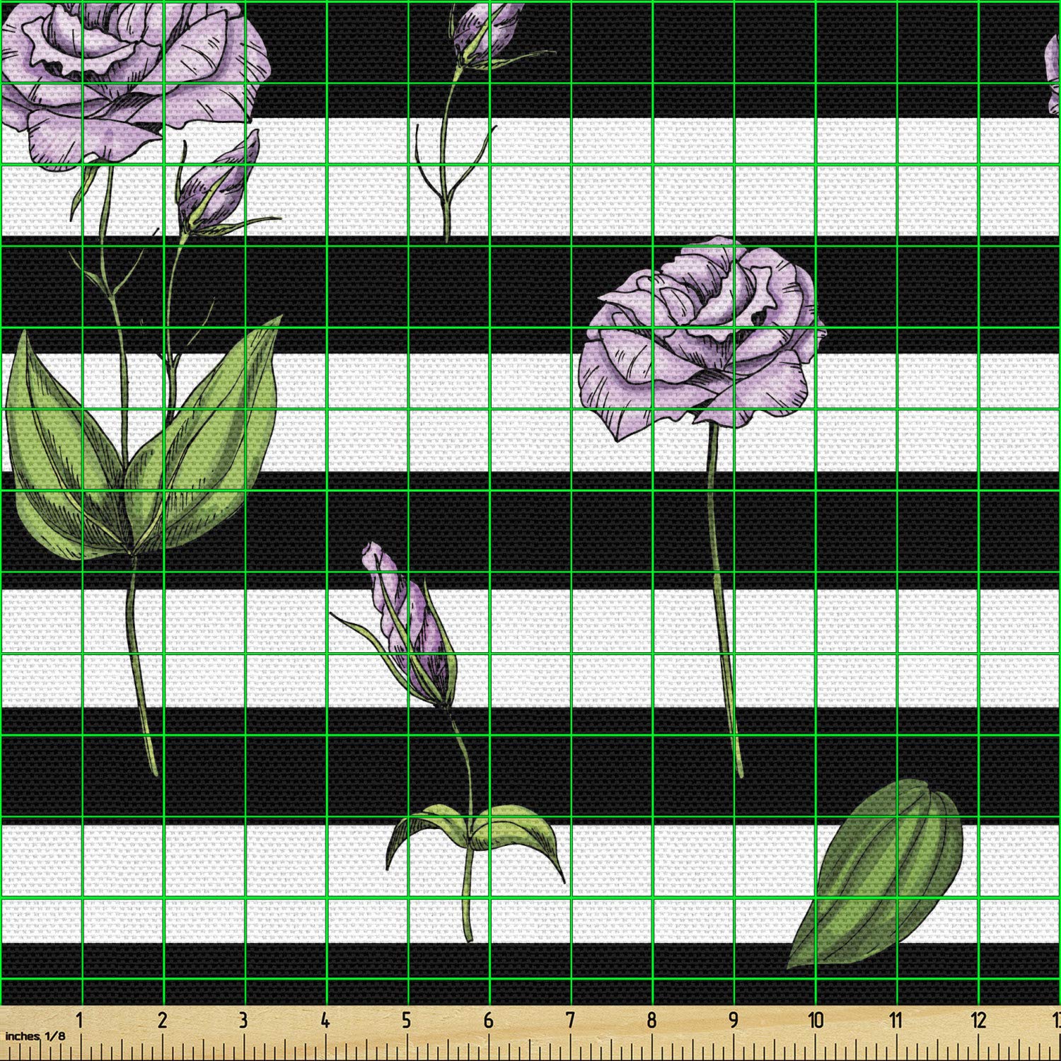 Ambesonne Rose Fabric by The Yard - Pink Floral Print on Black & White Striped Background | 3 Yards Upholstery Material for Sofa, Curtains & Home Decor | Perfect for DIY Projects, Crafting & Interior Design