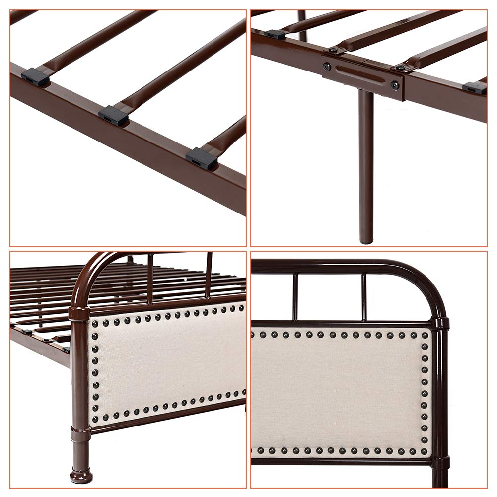 WATERJOY Queen Size Bed Frame - Sturdy Steel Platform Bed with Upholstered Headboard - Chocolate Brown - Perfect for Modern Bedrooms & Guest Rooms