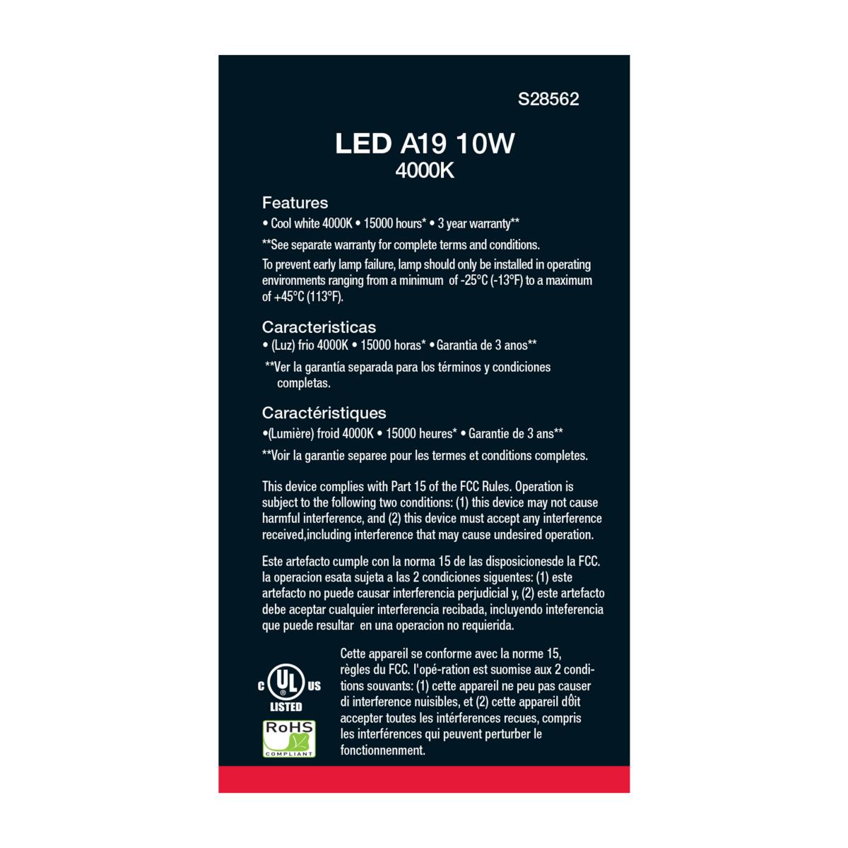 Energy Efficient A19 LED Light Bulb - 60W Equivalent, 10W, 800 Lumens, 4000K Daylight White, E26 Medium Base, Frosted Finish (4-Pack) - Perfect for Home, Office & Commercial Lighting