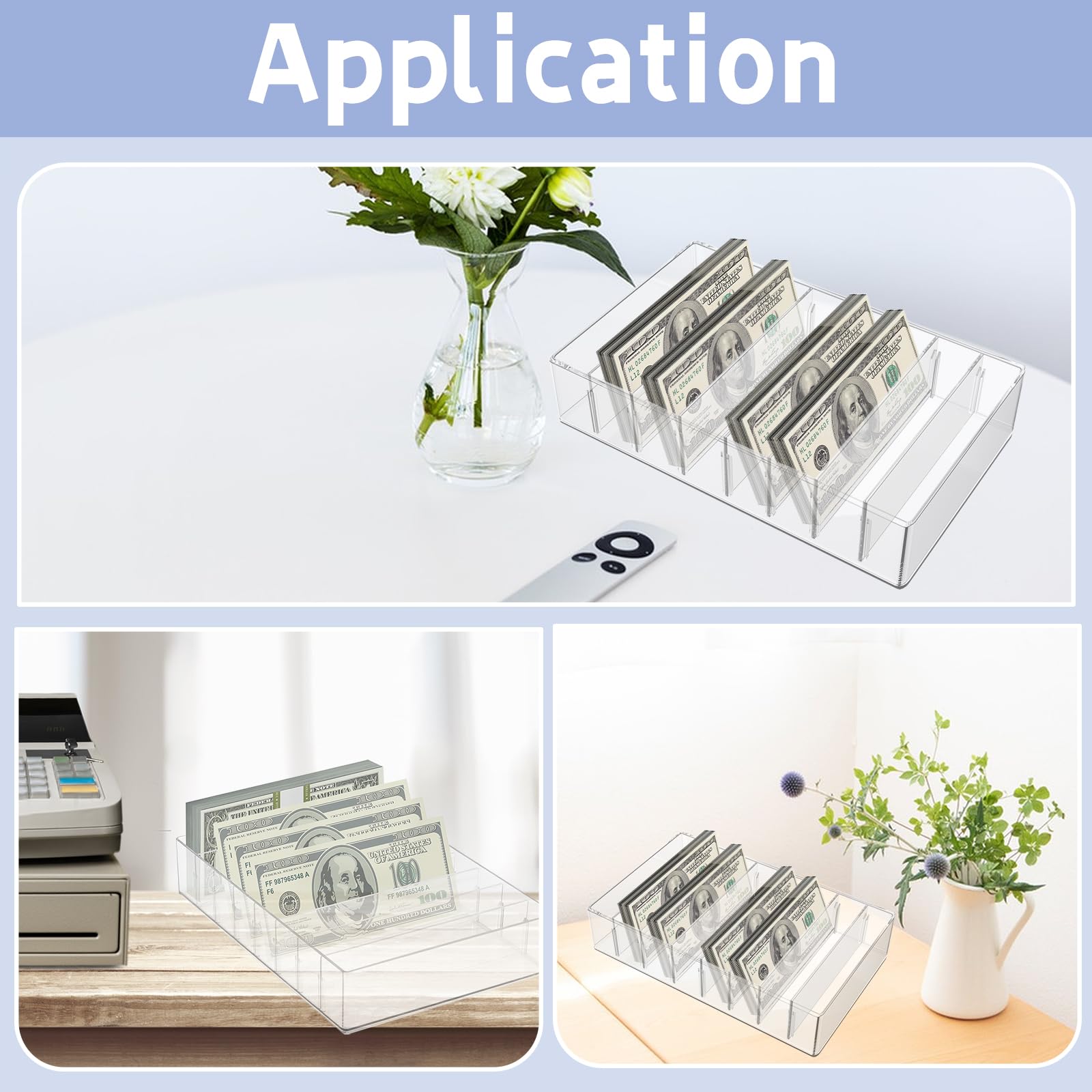 8-Section Clear Plastic Cash Organizer - Money Budget Tray with Dividers for Bills, Coins & Envelopes | Perfect for Home Office, Salon Makeup Palette & Cable Storage | Durable Bill Holder & Money Management Tool