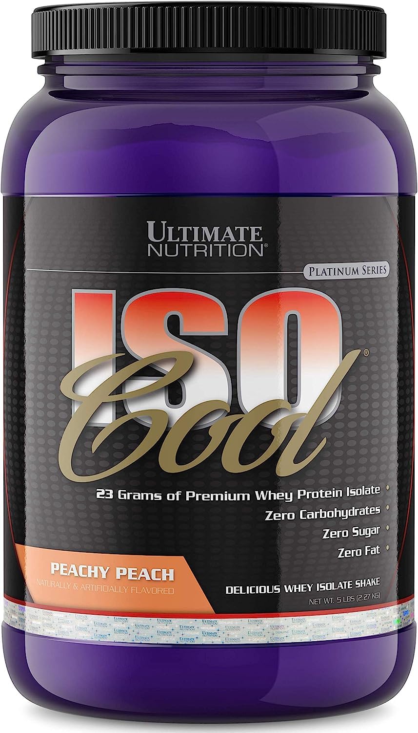 Ultimate Nutrition ISO Cool Whey Protein Isolate Powder - Fat Free, Sugar Free, Zero Carb, Keto Friendly with BCAA - 23g Protein per Serving for Post Workout Recovery - 2lb Peach Parfait Flavor - Perfect for Gym, Fitness & Weight Loss Goals