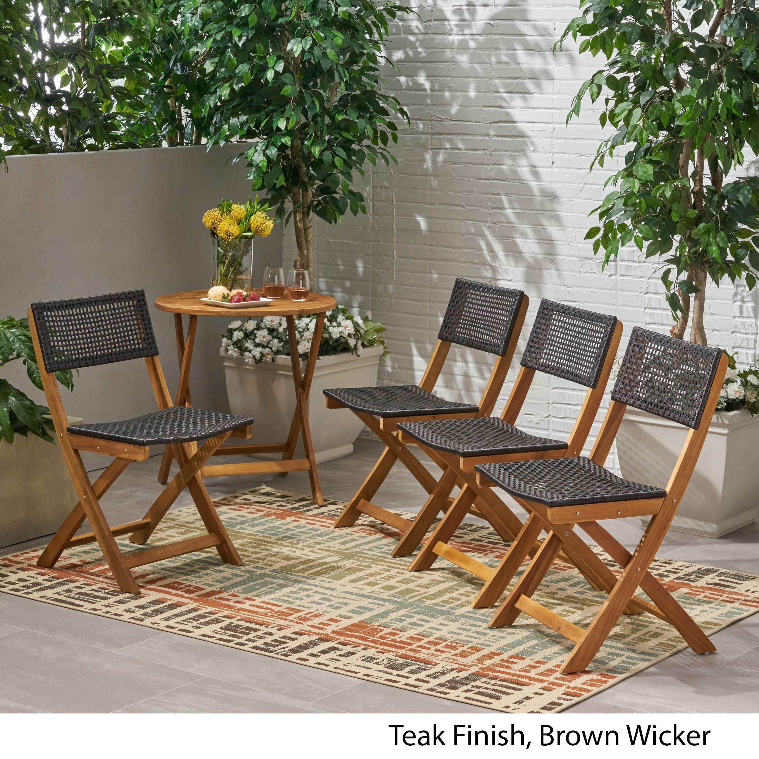 Premium Acacia Wood Folding Bistro Chairs with Woven Wicker Seats (Set of 4) - Weather-Resistant Outdoor Patio Furniture in Teak Finish & Brown - Perfect for Garden, Poolside, and Restaurant Dining