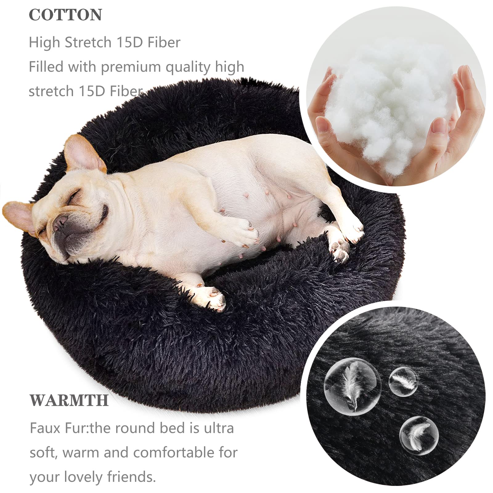 Washable Black Fluffy Plush Dog Bed for Small Dogs - 23 Inch Round Donut Calming Pet Bed | Machine Washable | Perfect for Puppies, Kennels & Home Use