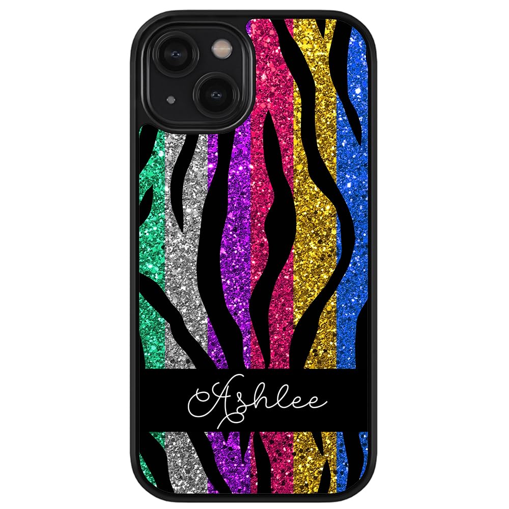 Glittery Colorful Tiger Stripe Personalized Black Rubber Phone Case for iPhone 16 Pro Max/15 Pro Max/14 Pro Max/13 Pro Max/12 Pro Max/11/X/8/7 Plus - Durable Shockproof Protective Cover for Everyday Use, Parties & Travel