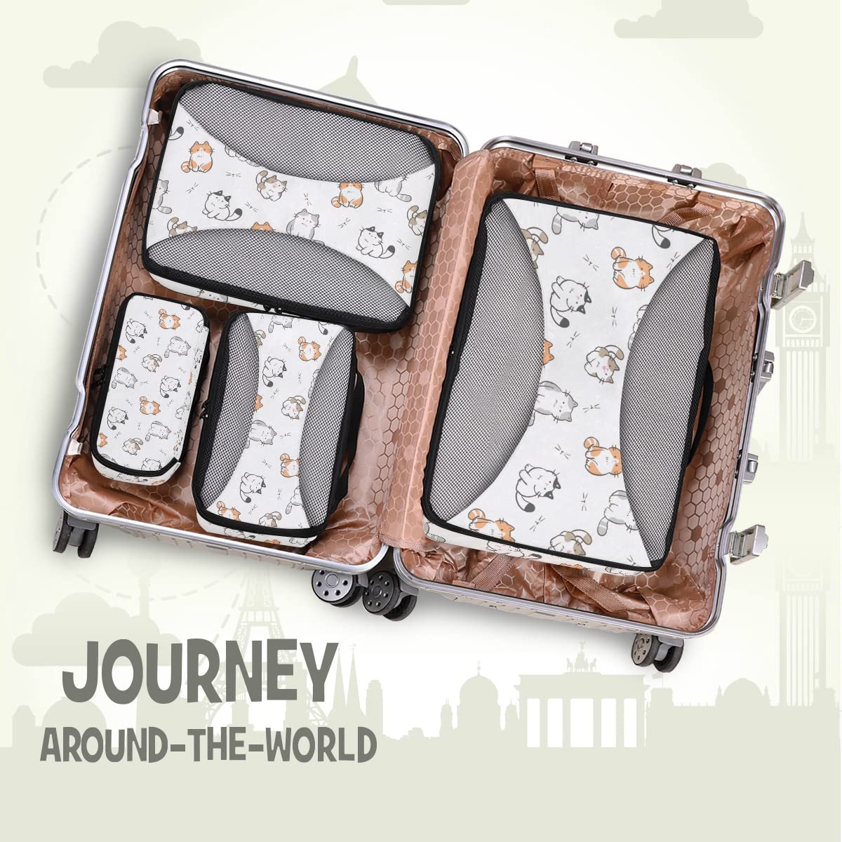 **MNSRUU Packing Cubes Set - 4 PCS Cartoon Cat Compression Travel Organizer Bags for Suitcases & Luggage | Perfect for Business Trips, Vacations & Weekend Getaways**