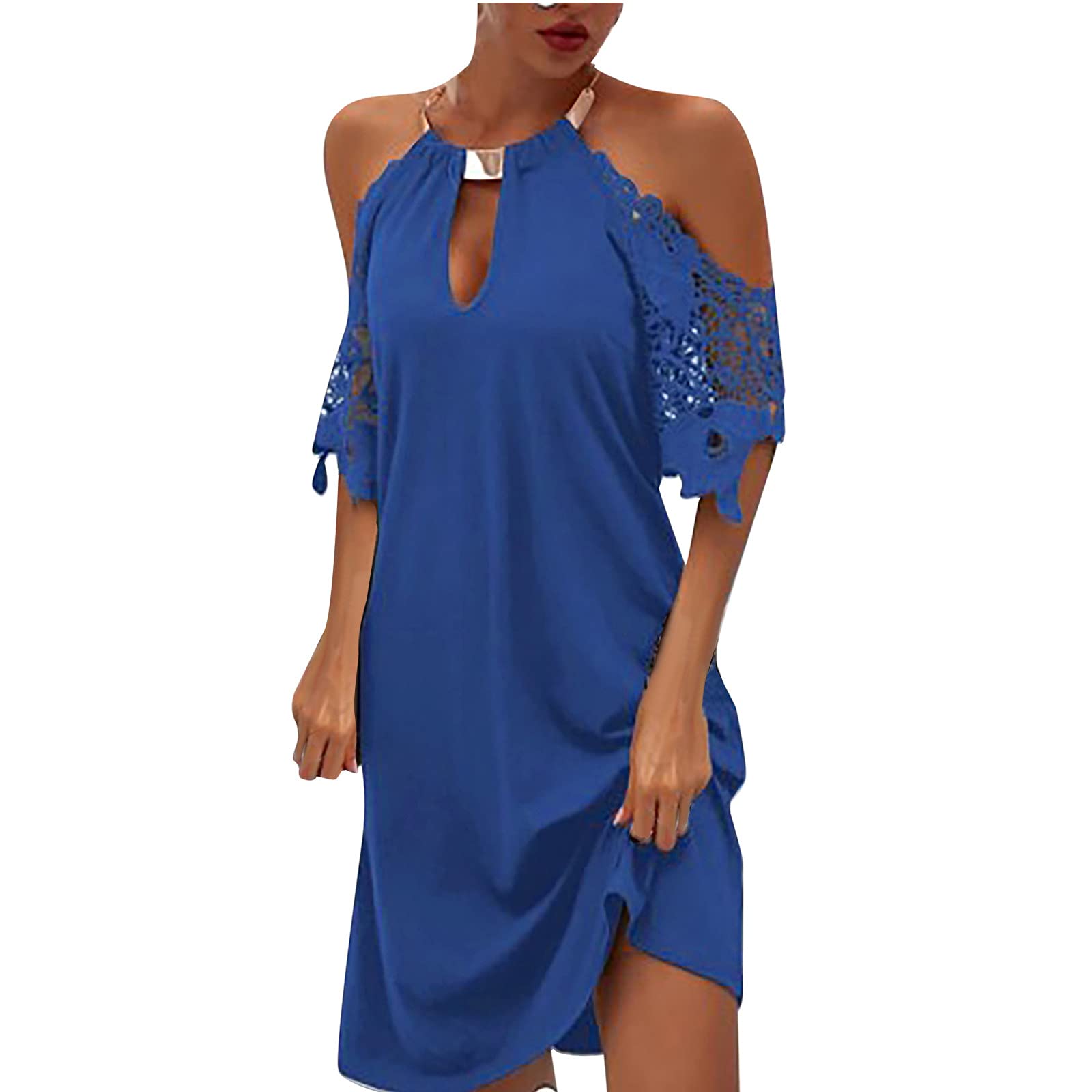 SHOPESSA Women's Lace Off-The-Shoulder Halter Neck Dress with Keyhole Cutout - Elegant Wedding Guest Dress, Summer Party Outfit, Beach Coverup, Date Night Attire