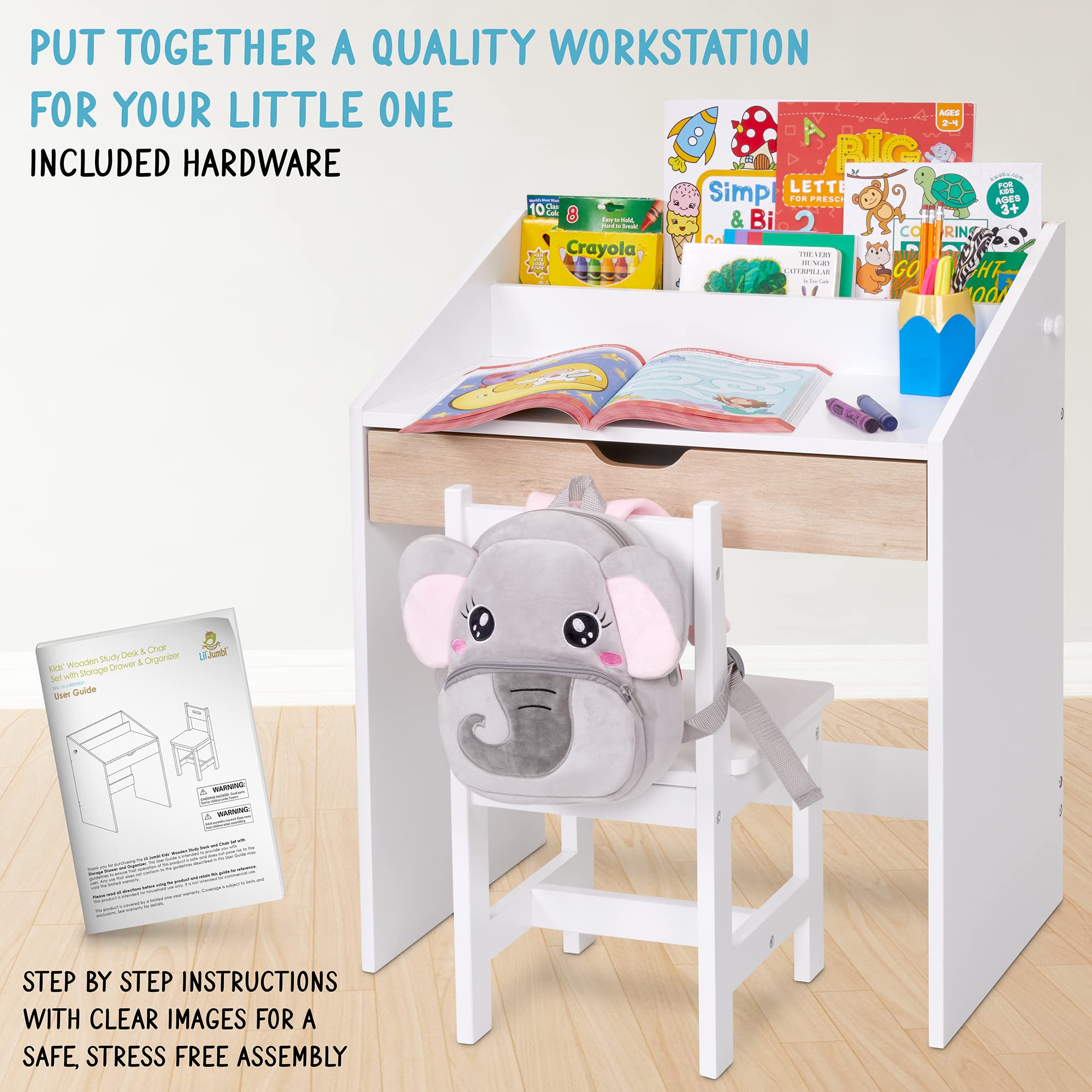 Lil' Jumbl Wooden Kids Study Desk and Chair Set with Storage Drawer & Hooks - Perfect for Homeschooling, Reading, Writing & Art Activities - Ideal for Toddlers' Learning Space & Bedroom Organization