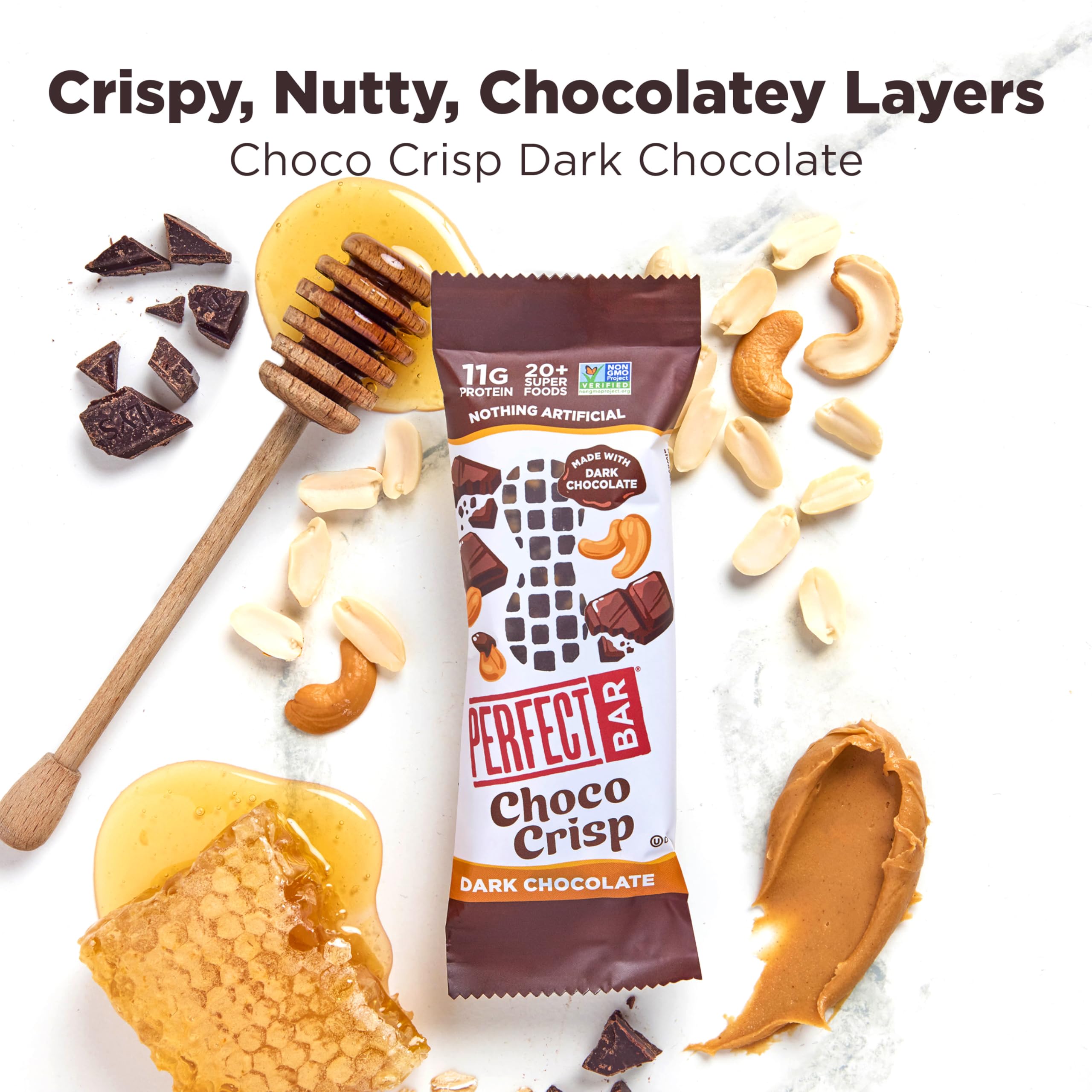 Perfect Bar Choco Crisp - Dark Chocolate Nut Butter Protein Bar | Gluten Free, Soy Free, Non GMO, No Sugar Alcohols | 1.9oz (10 Count) | High Protein Snack for Hiking, Gym & On-the-Go Energy