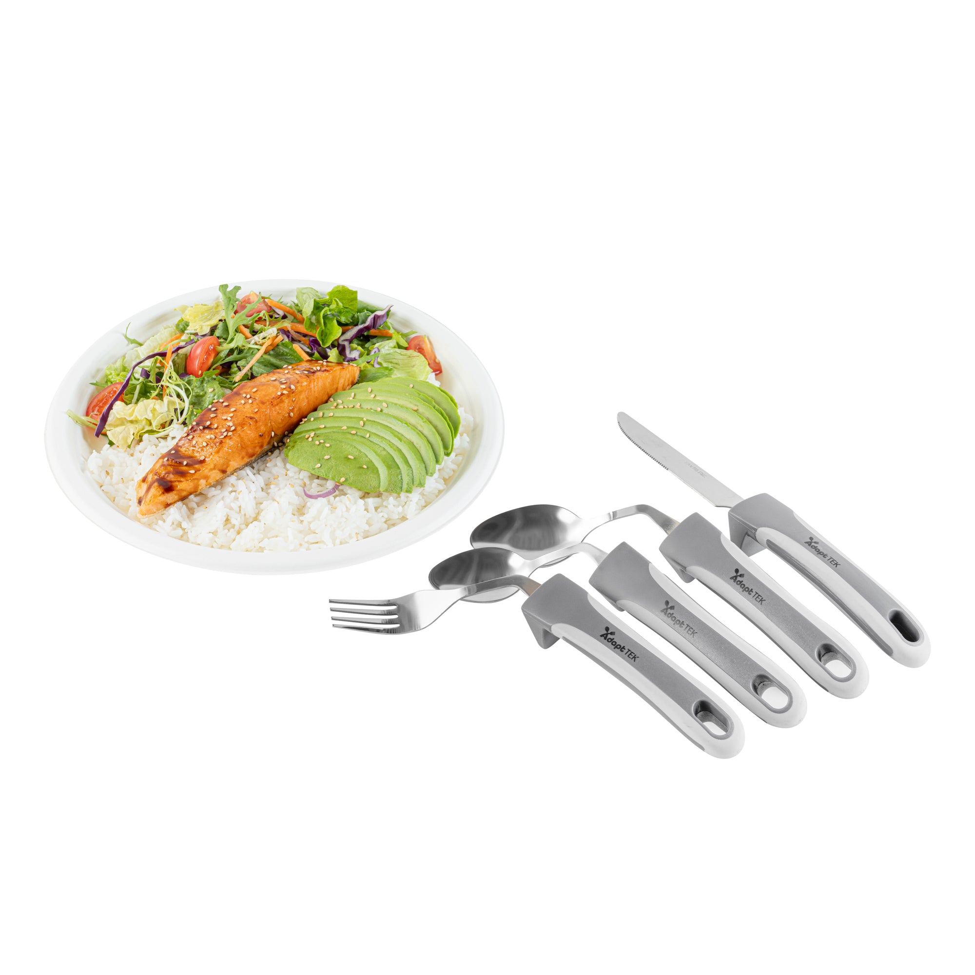 Adapt Tek Gray Stainless Steel 4-Piece Adaptive Offset Utensil Set for Right-Handed Users - Lightweight, Non-Slip Grip - Perfect for Arthritis & Limited Mobility (1 Count Box) - Ideal for Cooking, Baking & Everyday Kitchen Tasks