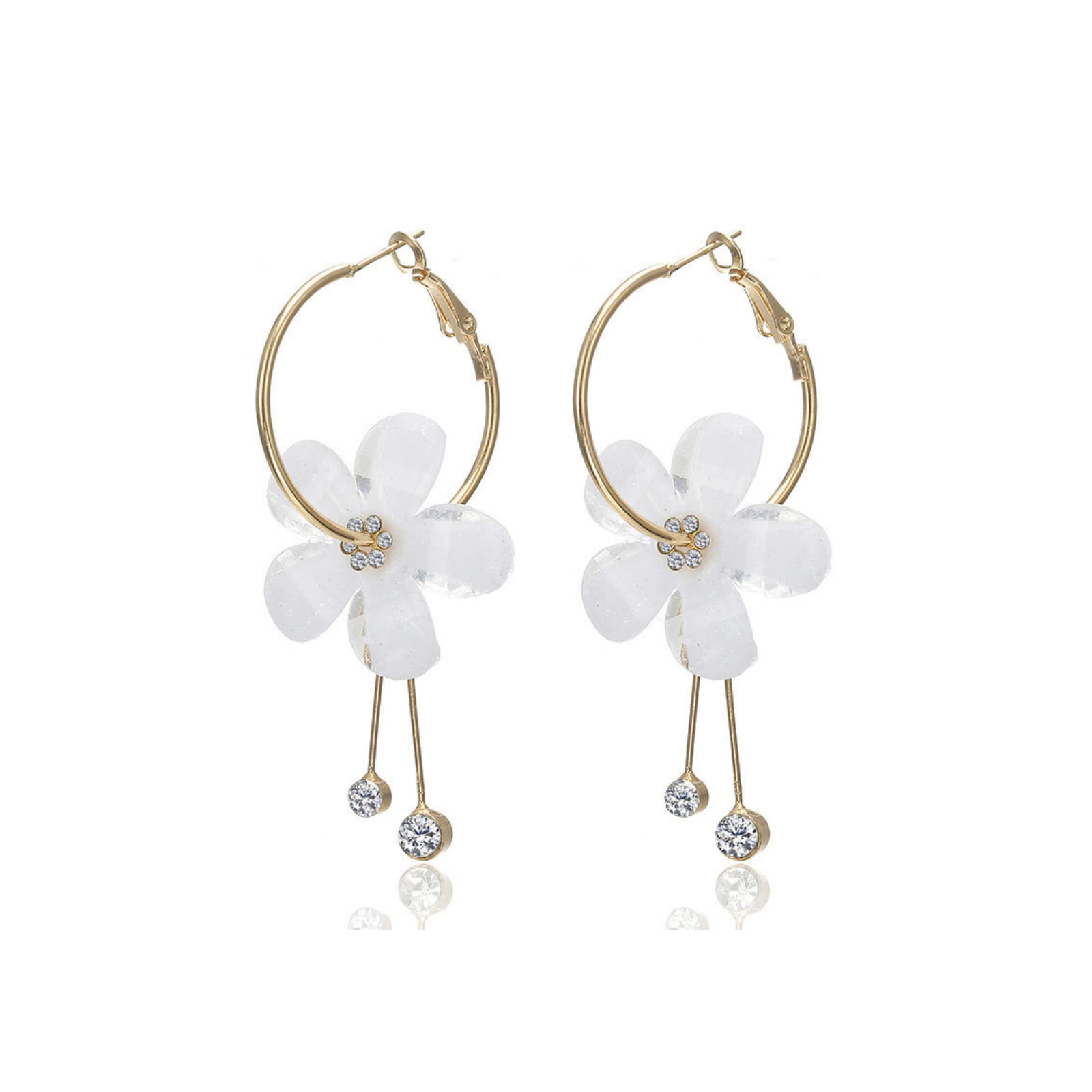 Romantic Crystal Acrylic Rose Dangle Earrings - Exaggerated Round Hoop with 5 Leaves & Long Tassel - Elegant Statement Jewelry Gift for Women & Girls | Perfect for Date Nights, Weddings & Special Occasions