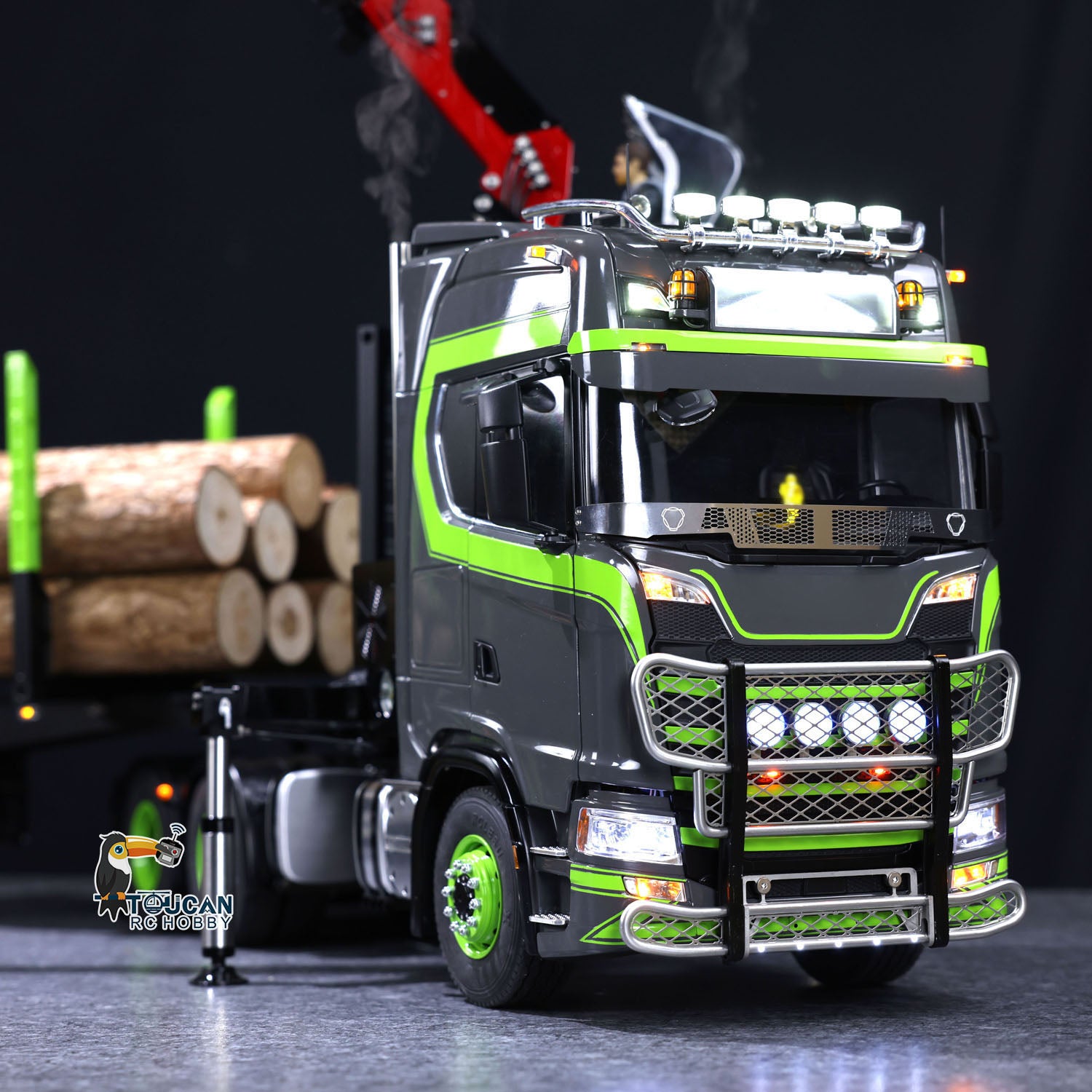 1/14 Scale Toucan 6X6 Metal Chassis RC Tractor Truck with 770S Hydraulic Crane & Logging Trailer - Flysky PL18EV Lite Controller, Dual Speed Transmission, Smoke Effect - Perfect for Off-Road Simulation, Construction Site Play, and RC Truck Racing