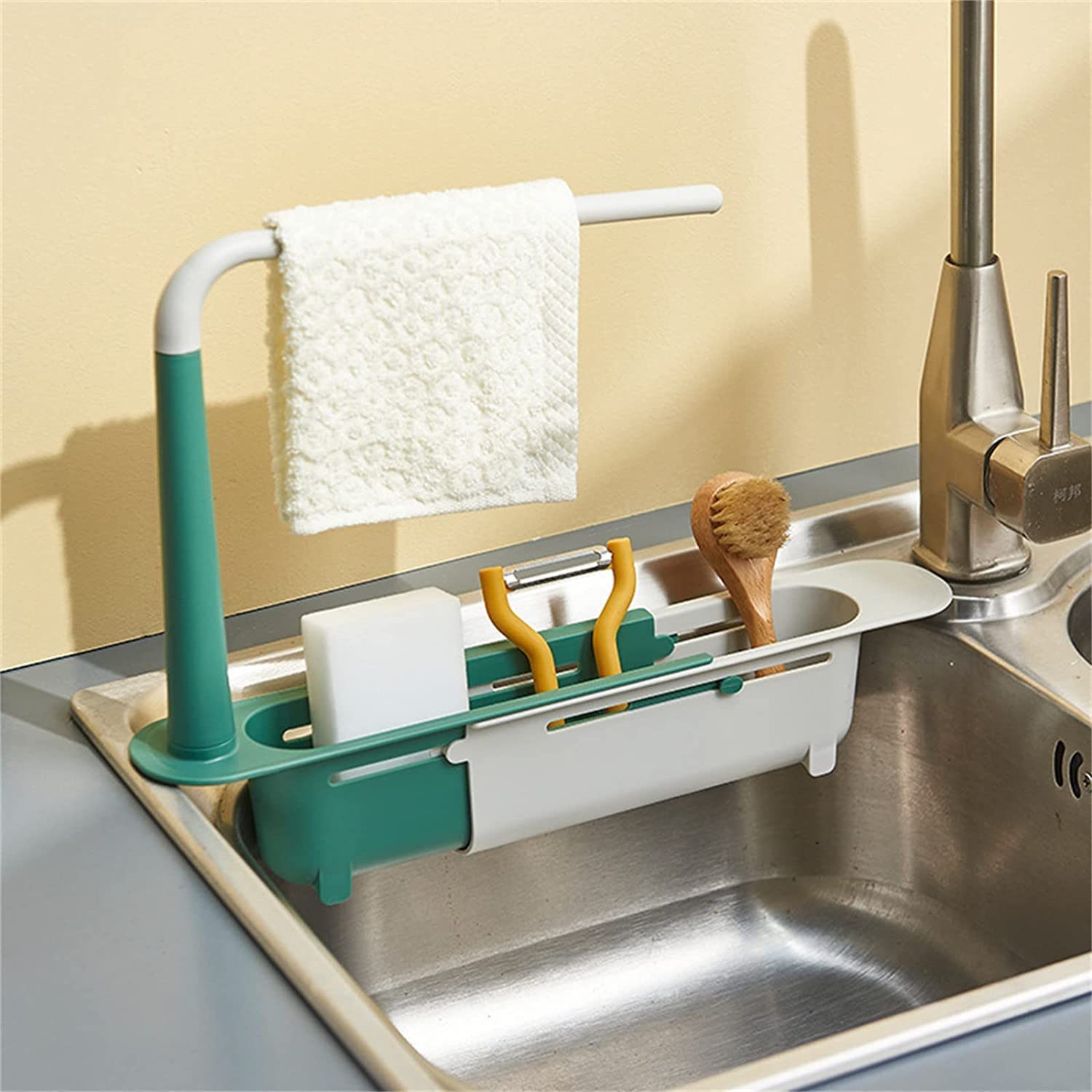 KCRPM Adjustable Telescopic Sink Storage Rack - Expandable Kitchen Organizer with Adjustable Length for Home Kitchen (Blue) | Perfect for Small Spaces, Dish Drying & Utensil Organization