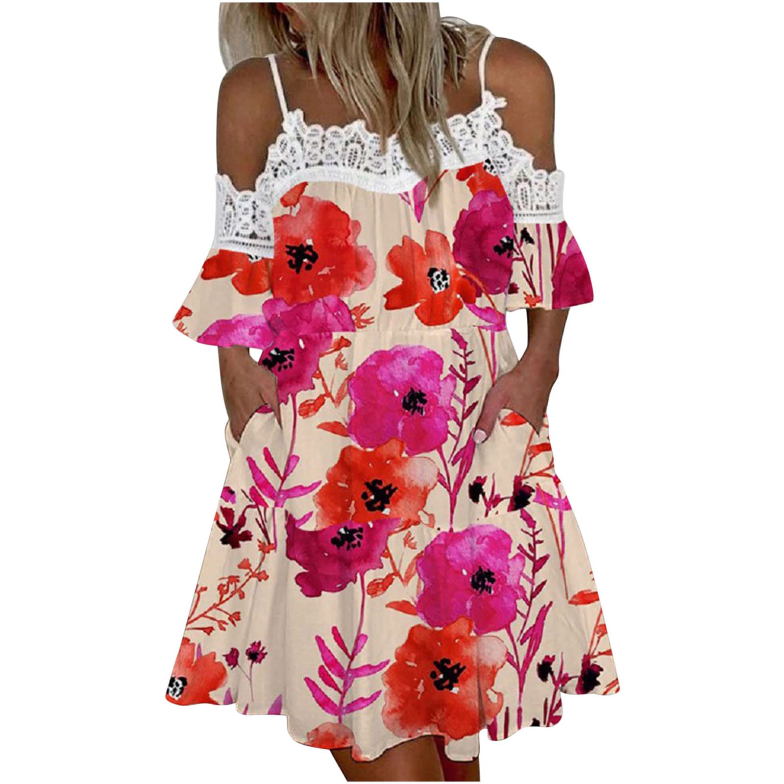 Women's Off-the-Shoulder Lace-Paneled A-Line Midi Sun Dress - Summer Beach Wedding Party Dress for Women - Perfect Gift for Her
