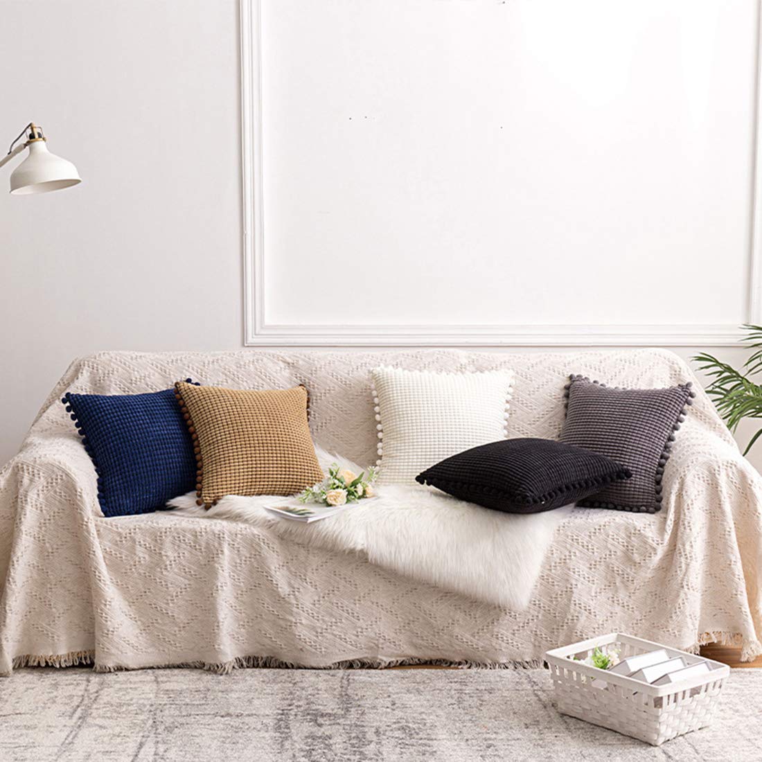 Boho Decorative Throw Pillow Covers 18x18 Inch - Soft Corduroy with Pom Poms Accent, Solid Square Cushion Case for Couch, Sofa, Bed & Chair - Perfect for Boho Home Decor, Living Room & Bedroom Styling (White)