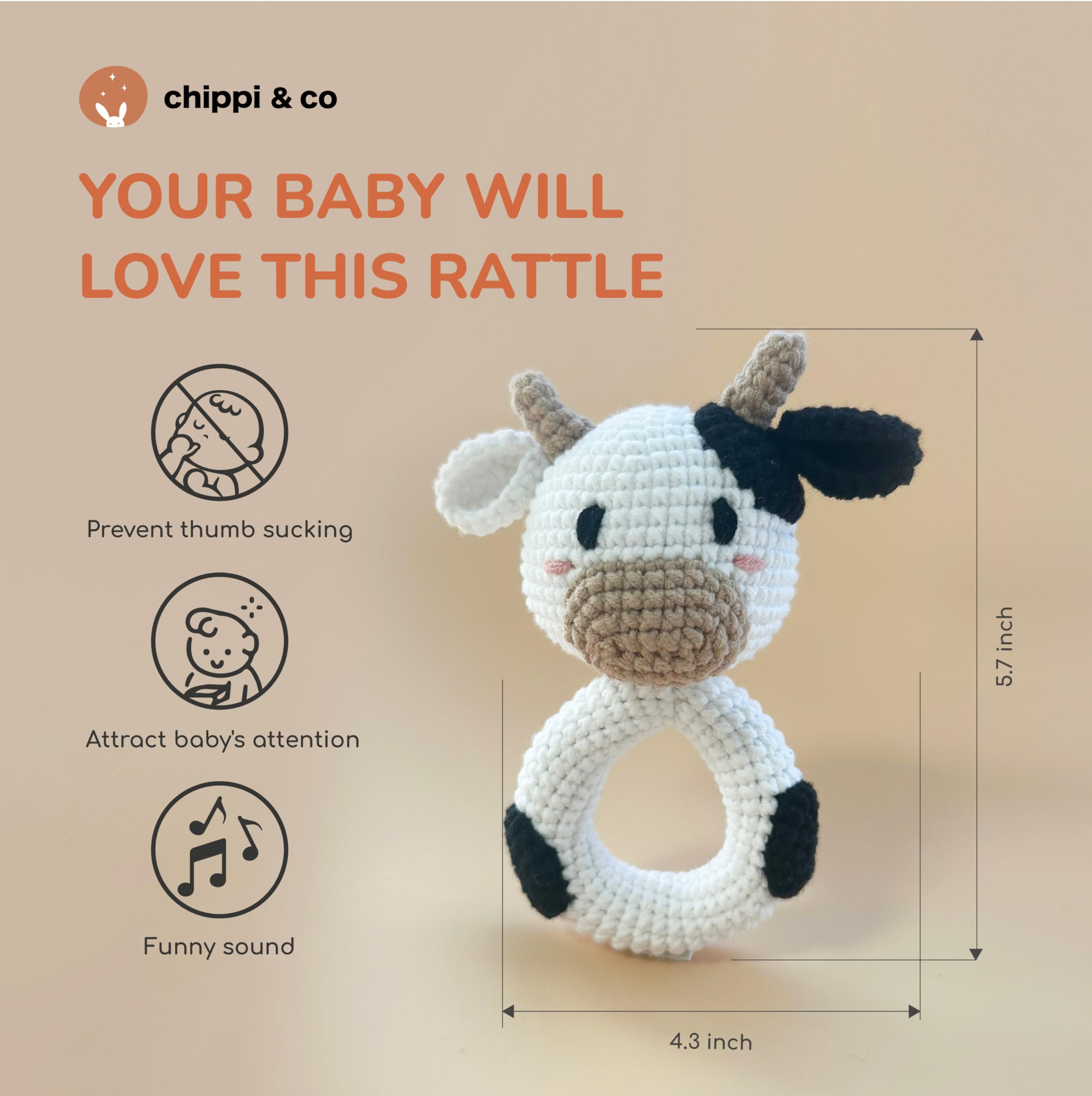 Organic Crochet Baby Rattle Toy - Handmade Stuffed Cow for Newborns, Perfect Baby Shower Gift for Boys & Girls