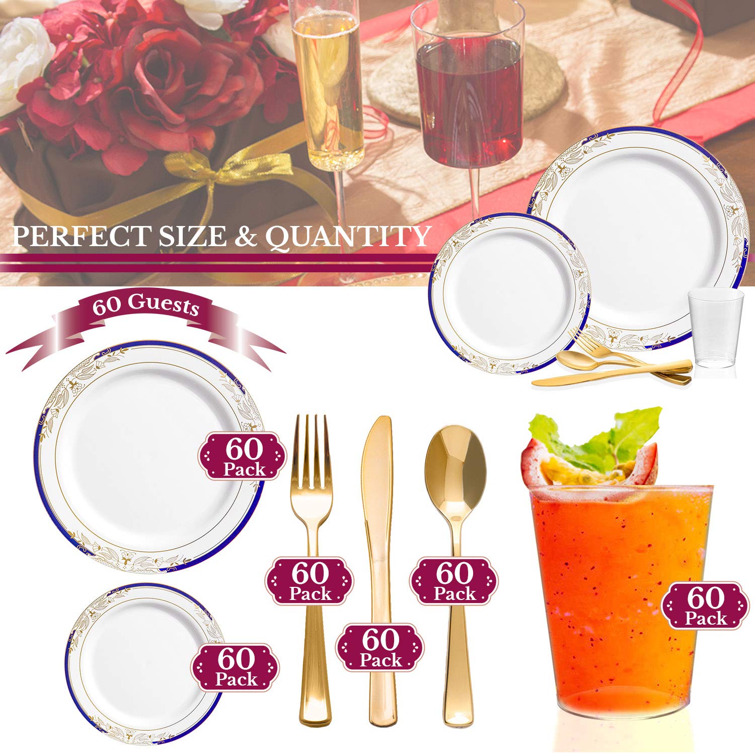 Premium Disposable Plastic Dinnerware Sets - Heavy Duty Elegant Plates, Forks, Knives & Spoons - Wedding, Birthday Party, Anniversary & Special Events - White with Blue & Gold Trim - 60-Piece Value Pack for Large Gatherings & Catering Events
