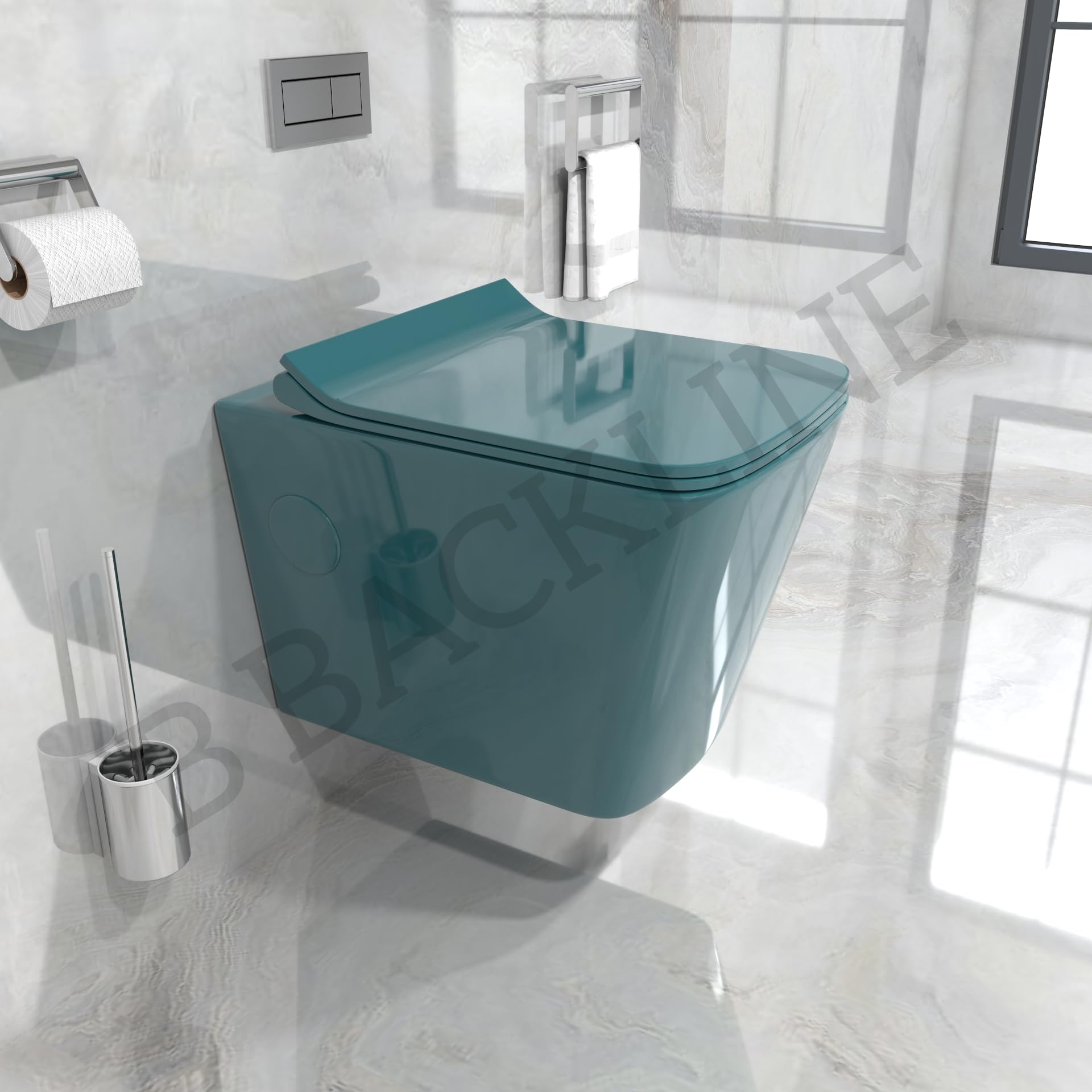Ceramic Wall-Mounted Rimless Western Toilet with Soft Close Seat - Modern Water Closet for Bathroom, P-Trap Outlet, Green Glossy Finish - Perfect for Small Bathrooms & Contemporary Home Decor