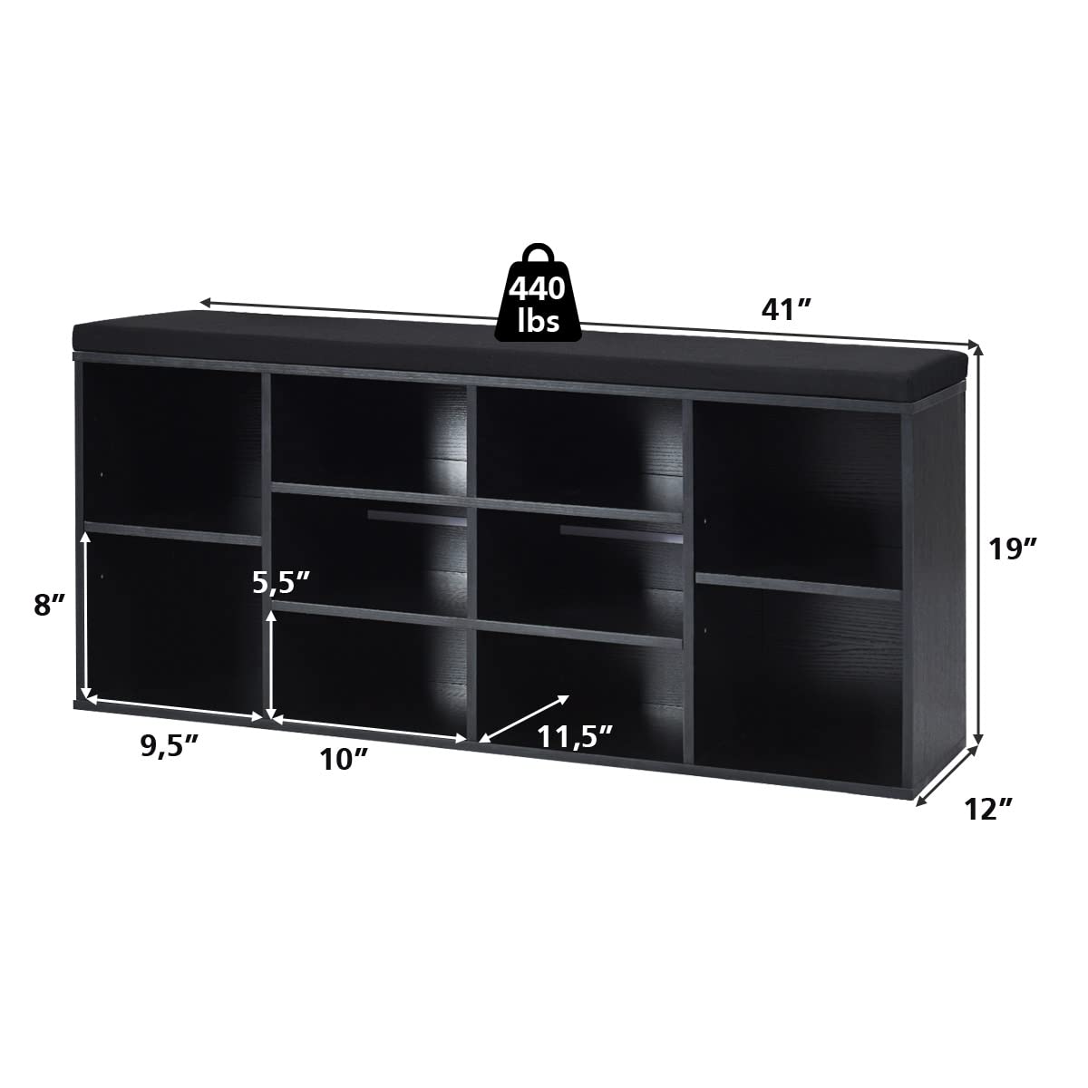 KOTEK 10-Cube Wooden Shoe Bench with Cushion - Adjustable Shelf Shoe Storage Cabinet Organizer for Entryway, Living Room, Bedroom - Perfect for Small Spaces & Home Organization (Black)