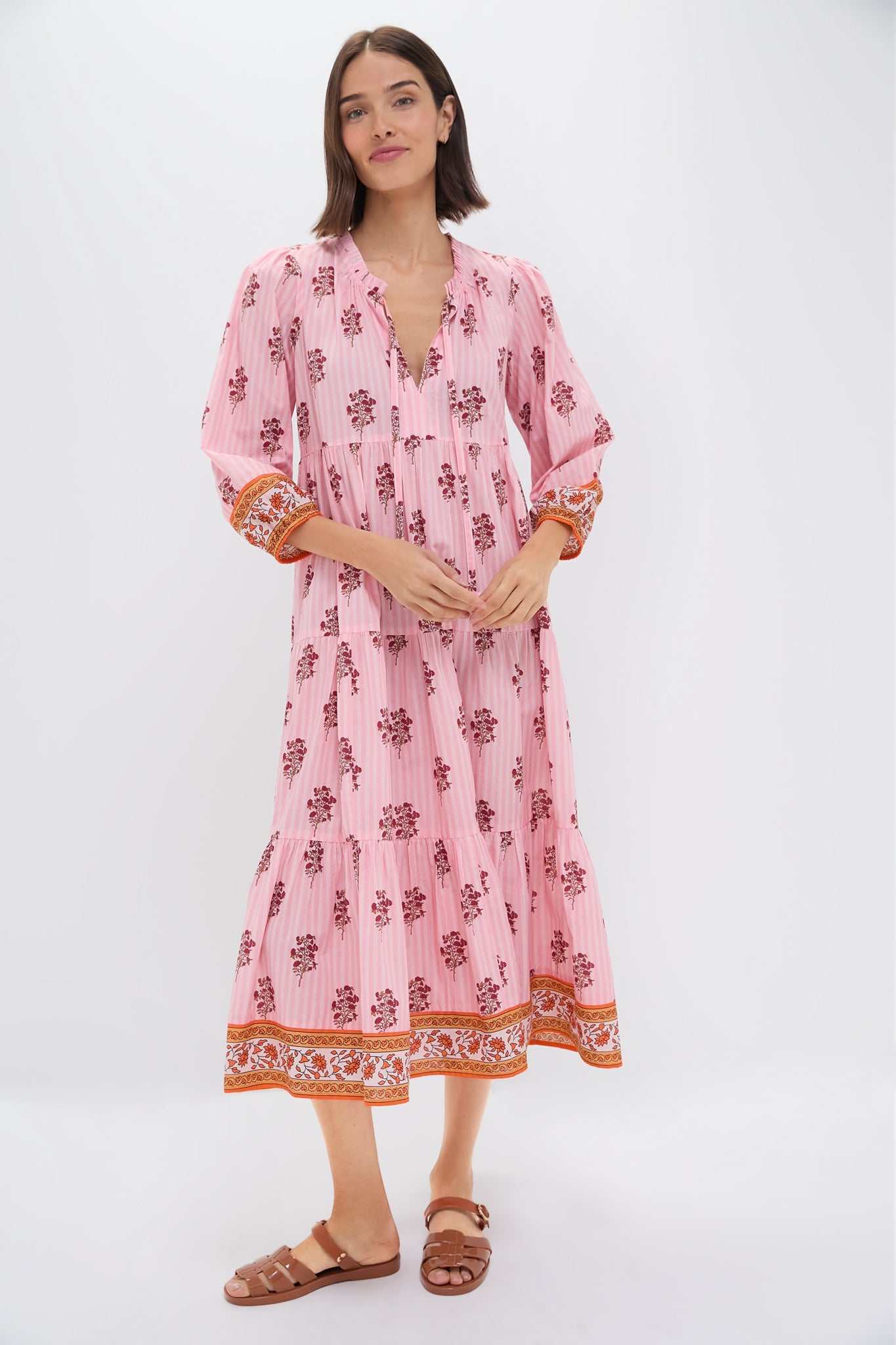 Blush Striped Bouquet Long Sleeve Salty Paloma Caftan Dress - Elegant Beach Cover Up for Summer Vacations & Boho Chic Outfits