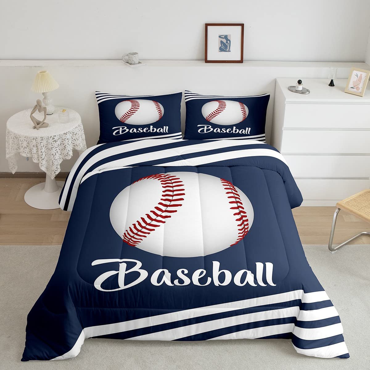 **Baseball Comforter Set Full Size for Boys - Navy Blue Sports Bedding with 2 Pillowcases - Kids Baseball Themed Quilt & Sheet Set - Perfect for Bedroom, Dorm, or Gift**