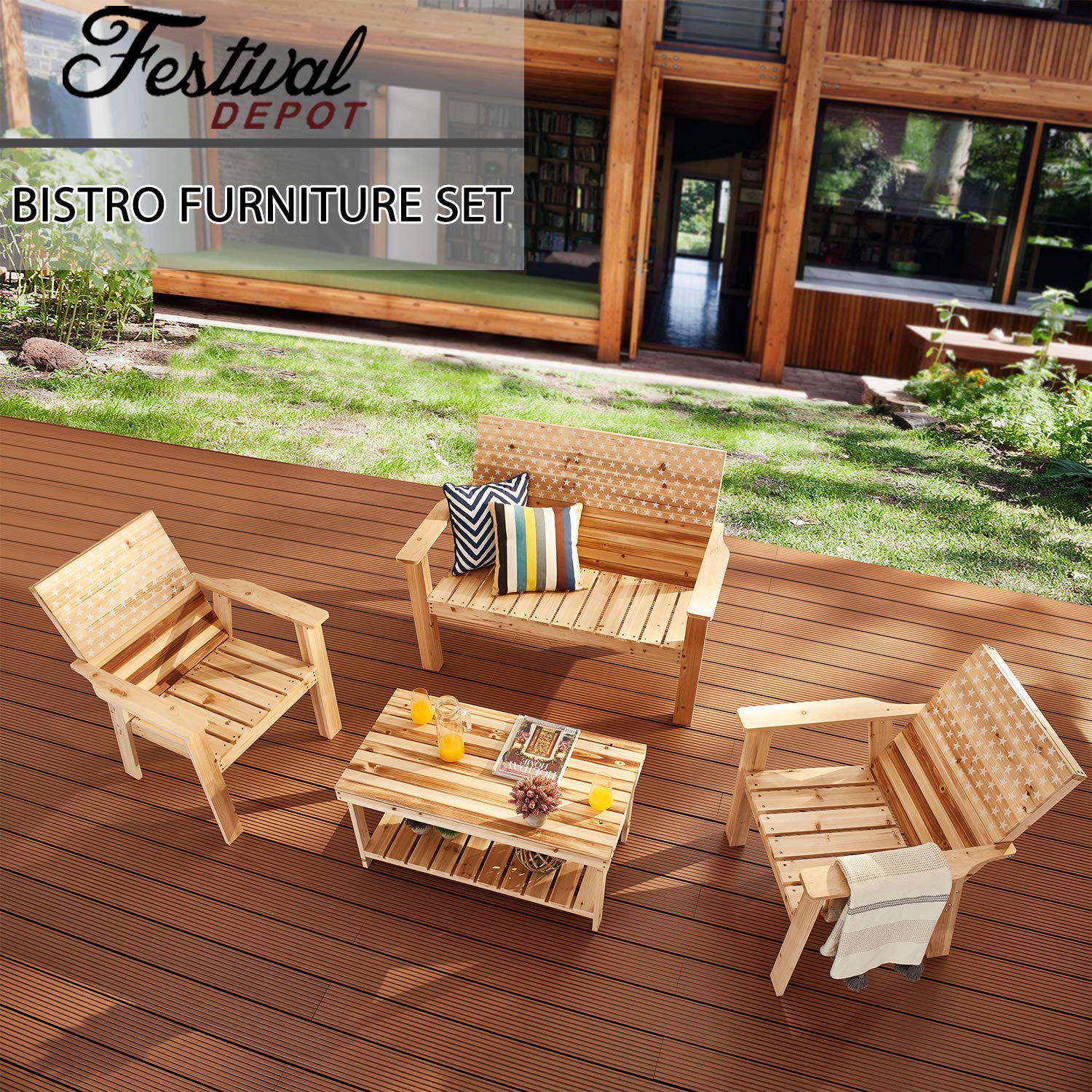 Patio Furniture Set 4-Piece Outdoor Conversation Set with Wood Armrest Loveseat, Lounge Chair, and Stars & Stripes Printed Coffee Table - Perfect for Backyard, Garden, Deck, and Poolside Relaxation