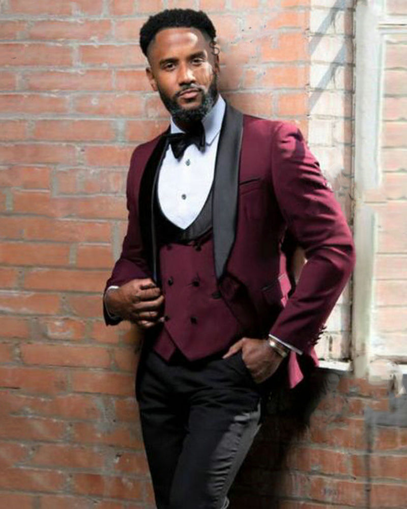 Elegant Maroon Burgundy 3-Piece Tuxedo Suit for Wedding, Prom & Formal Events - Stylish Jacket, Vest & Pants Set CB3315 | Perfect for Groomsmen, Evening Parties & Special Occasions