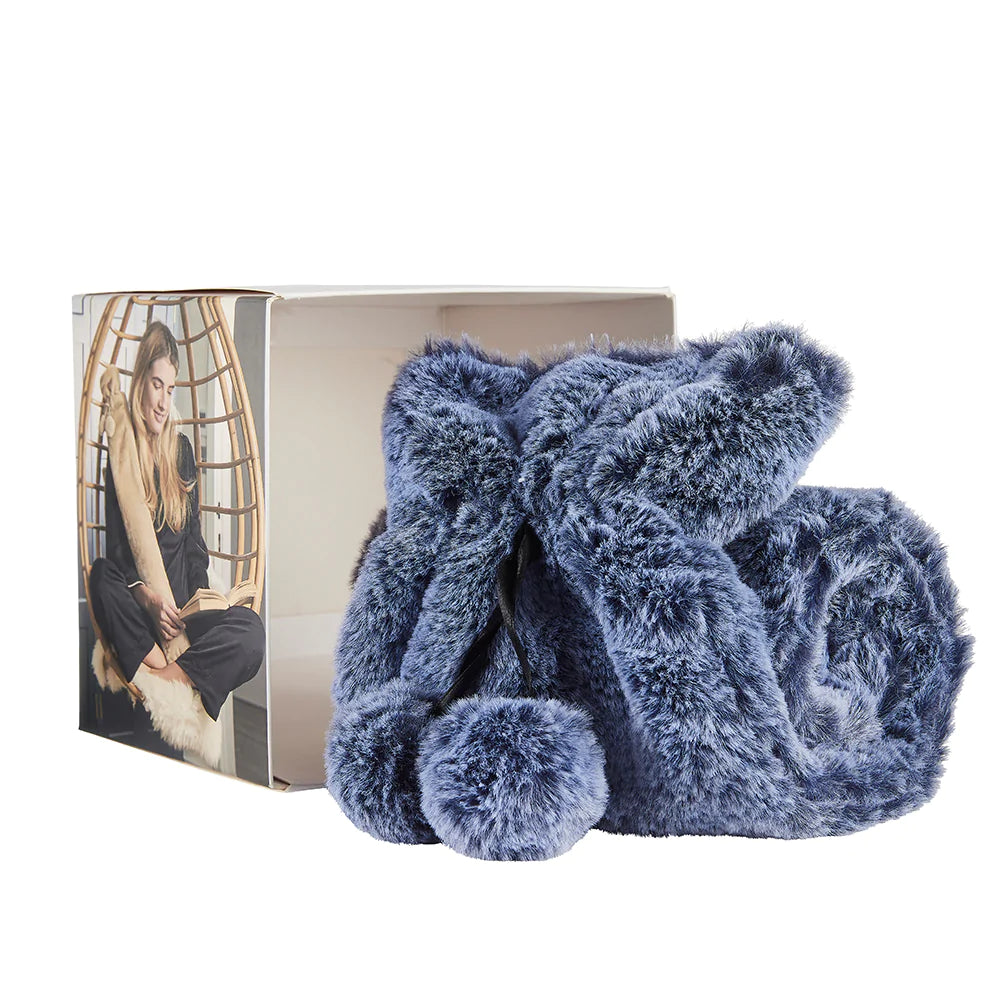 2L Long Hot Water Bottle with Soft Marshmallow Blue Faux Fur Cover - Perfect for Winter Warmth, Pain Relief & Cozy Nights at Home