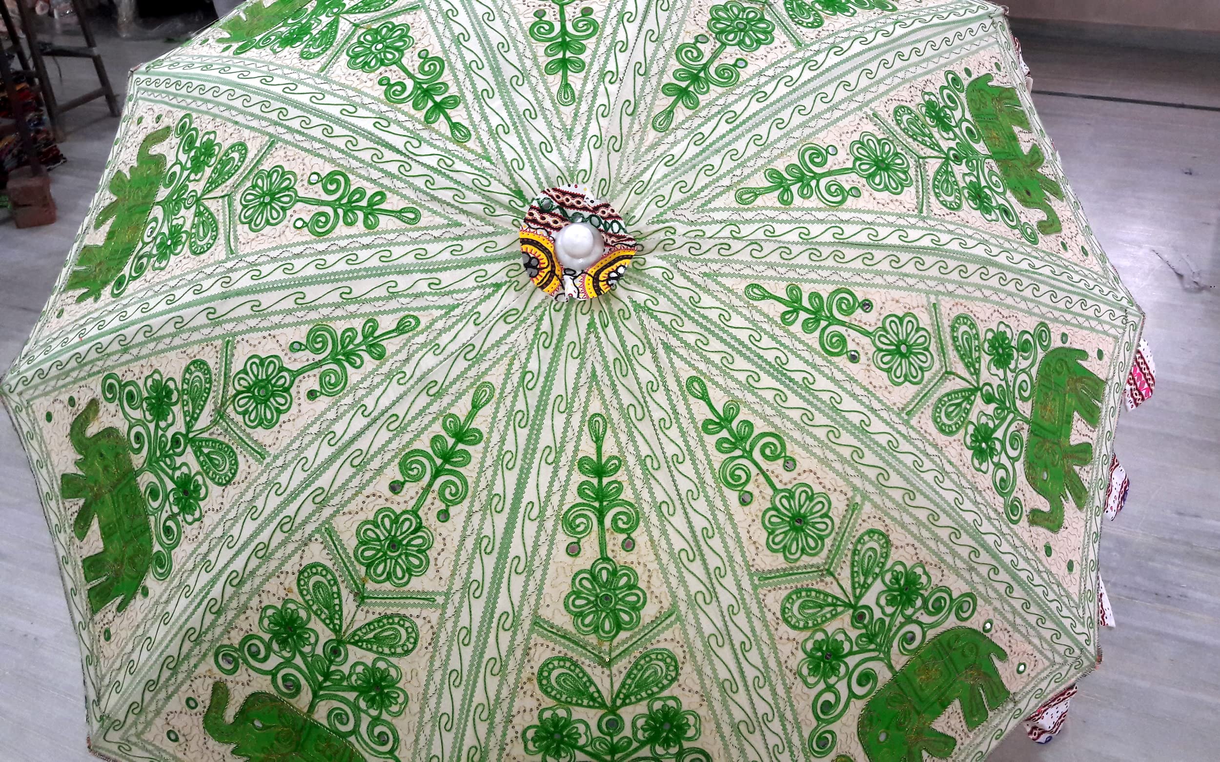 Handmade Indian Elephant Boho Umbrella - Cotton Embroidery UV Protection Sun Parasol for Beach, Wedding & Bohemian Decor | Hippie Gypsy Style Green Elephant Design | Perfect for Outdoor Festivals, Garden Parties & Tropical Vacations