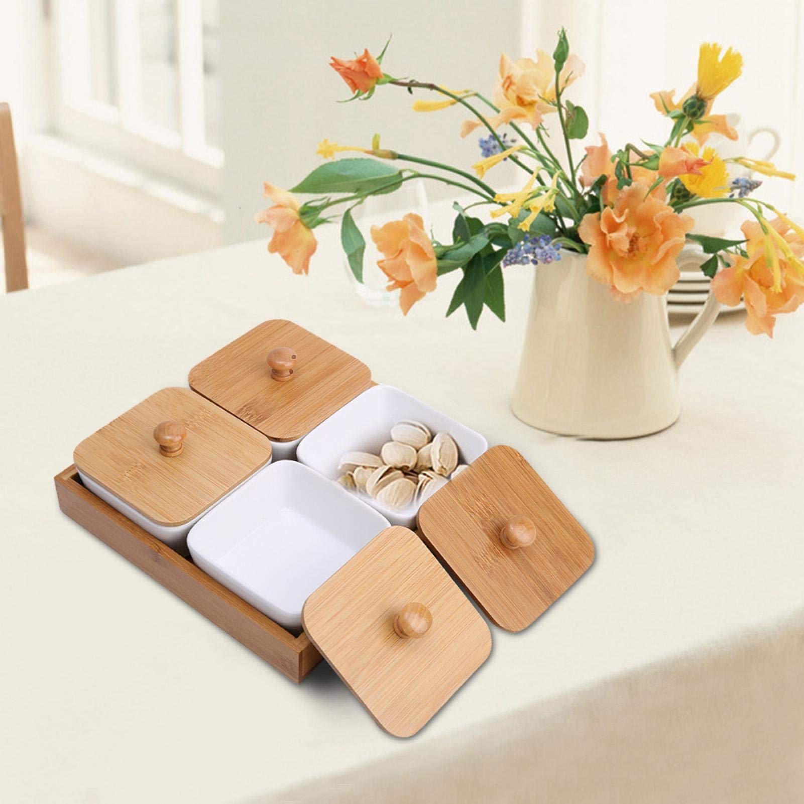 4-Compartment Ceramic Appetizer Serving Platter with Removable Bamboo Tray - Perfect for Dips, Veggies, Candy & Snacks | Elegant Party, Dinner & Entertaining Serving Dish