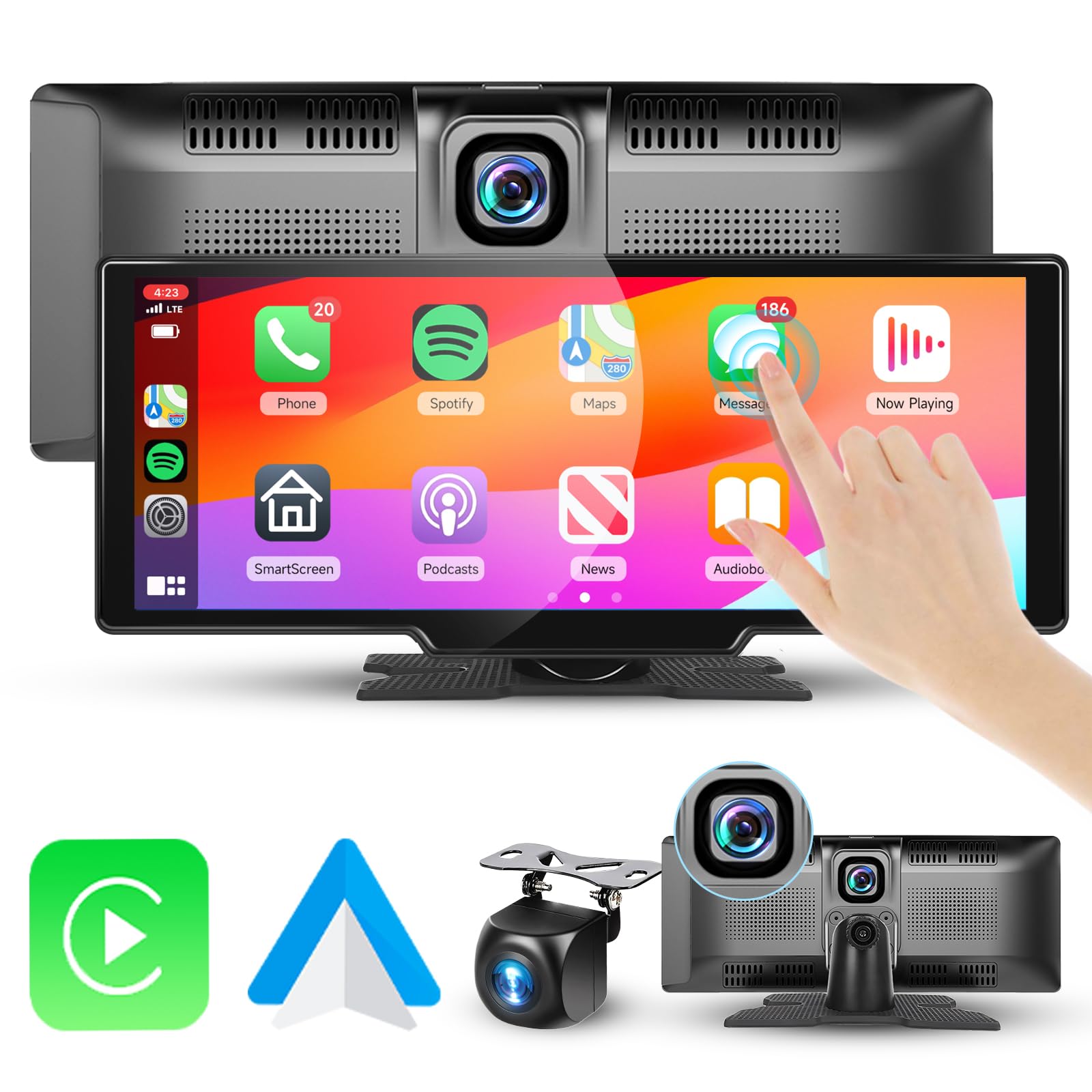 9.3 Inch Wireless CarPlay & Android Auto Touchscreen Car Stereo with 2.5K Front/Rear Dash Cam, 64GB TF Card, Dual Bluetooth, GPS, AUX & FM Transmitter - Portable IPS Display for Safer Driving & Hands-Free Navigation