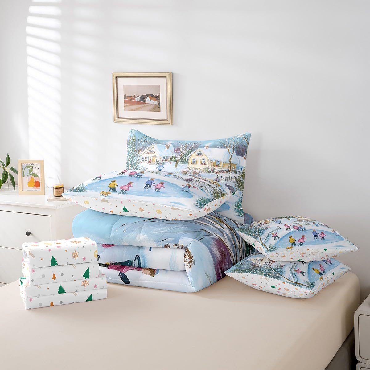 Erosebridal 7-Piece Winter Ski Queen Bedding Set - Snow Skiing Themed Comforter Set with Sheets for Kids, Girls & Boys - Christmas Home Decor Rustic Country Bed Set with Fitted Sheet, Flat Sheet & Pillowcases - Cozy Ski Lodge Bedroom Decor for Winter Holidays & Snowy Getaways