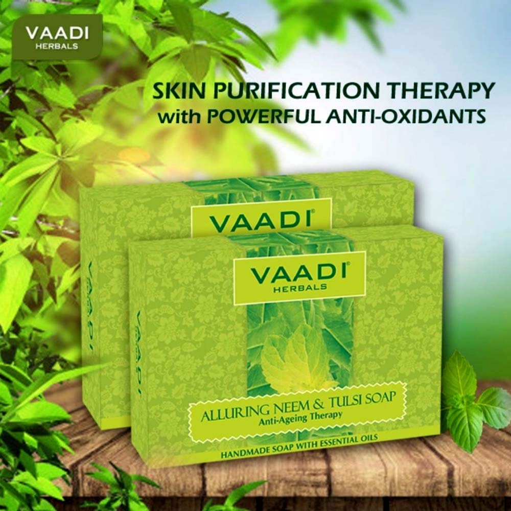 Vaadi Herbals Alluring Neem Tulsi Soap with Vitamin E & Tea Tree Oil - 75g (Pack of 6) | Natural Ayurvedic Cleansing Bar for Acne, Oily Skin & Body Care | Perfect for Daily Face Wash & Shower Routine