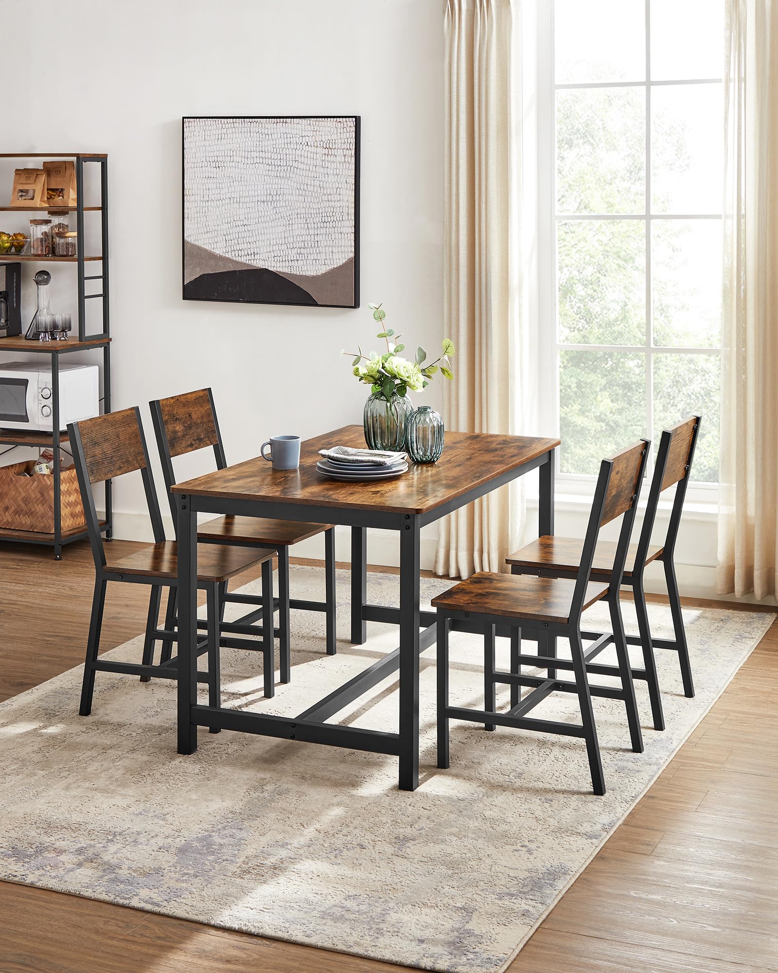 VASAGLE 4-Piece Rustic Wood Dining Chairs with Sturdy Metal Frame - Easy Assembly, Comfortable Seating for Kitchen, Bedroom & Living Room - Modern Farmhouse Style in Brown & Black | Perfect for Family Dinners, Home Office & Cozy Gatherings