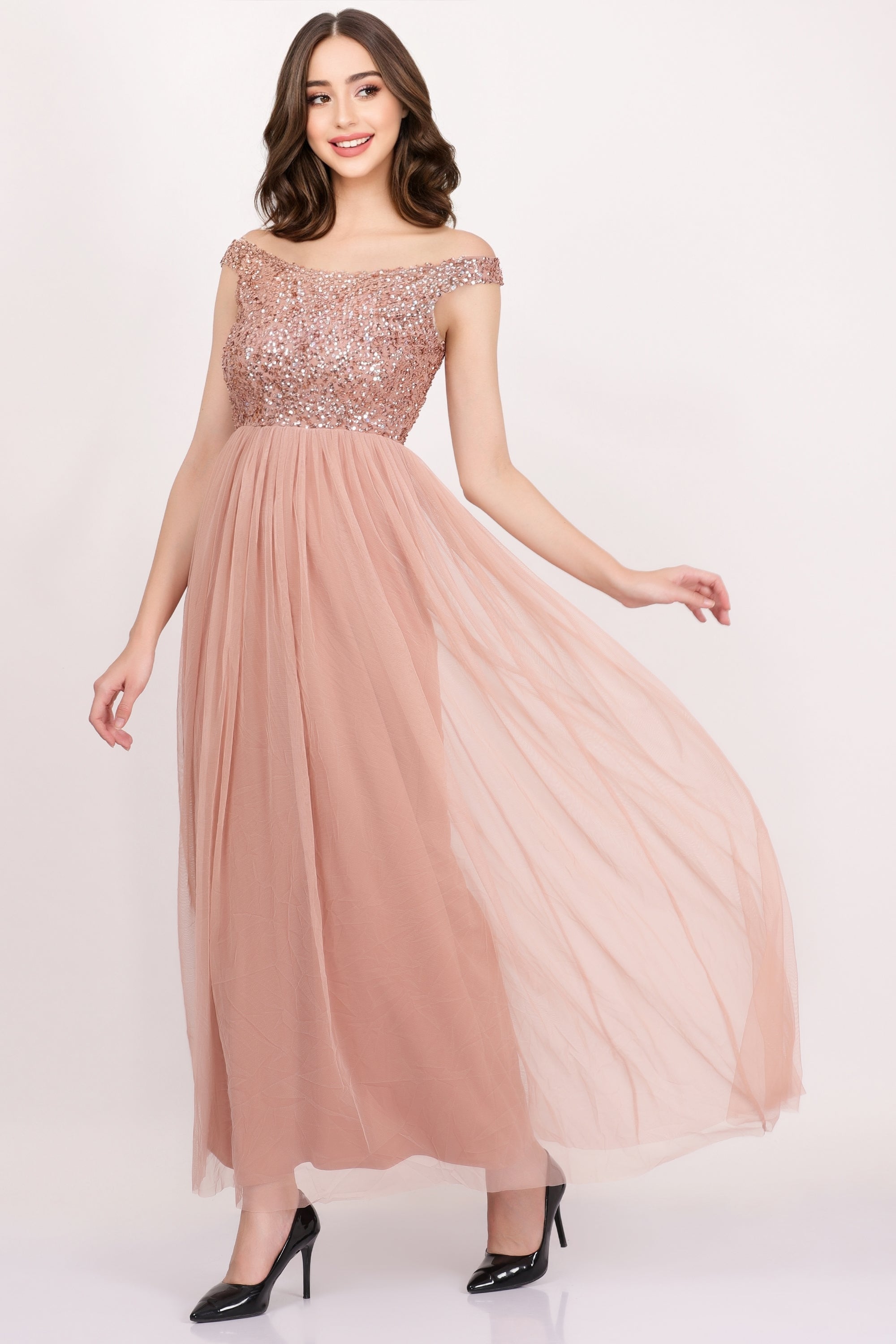 Nina Taupe Embellished Bridesmaid Maxi Dress - Elegant Formal Gown for Weddings, Prom & Special Occasions