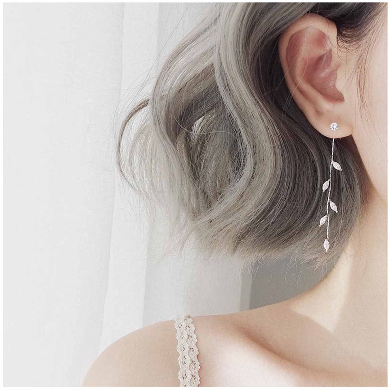 Crystal Leaf Drop Earrings - Silver CZ Rhinestone Dangle Earrings for Women | Elegant Wedding Jewelry & Party Accessories