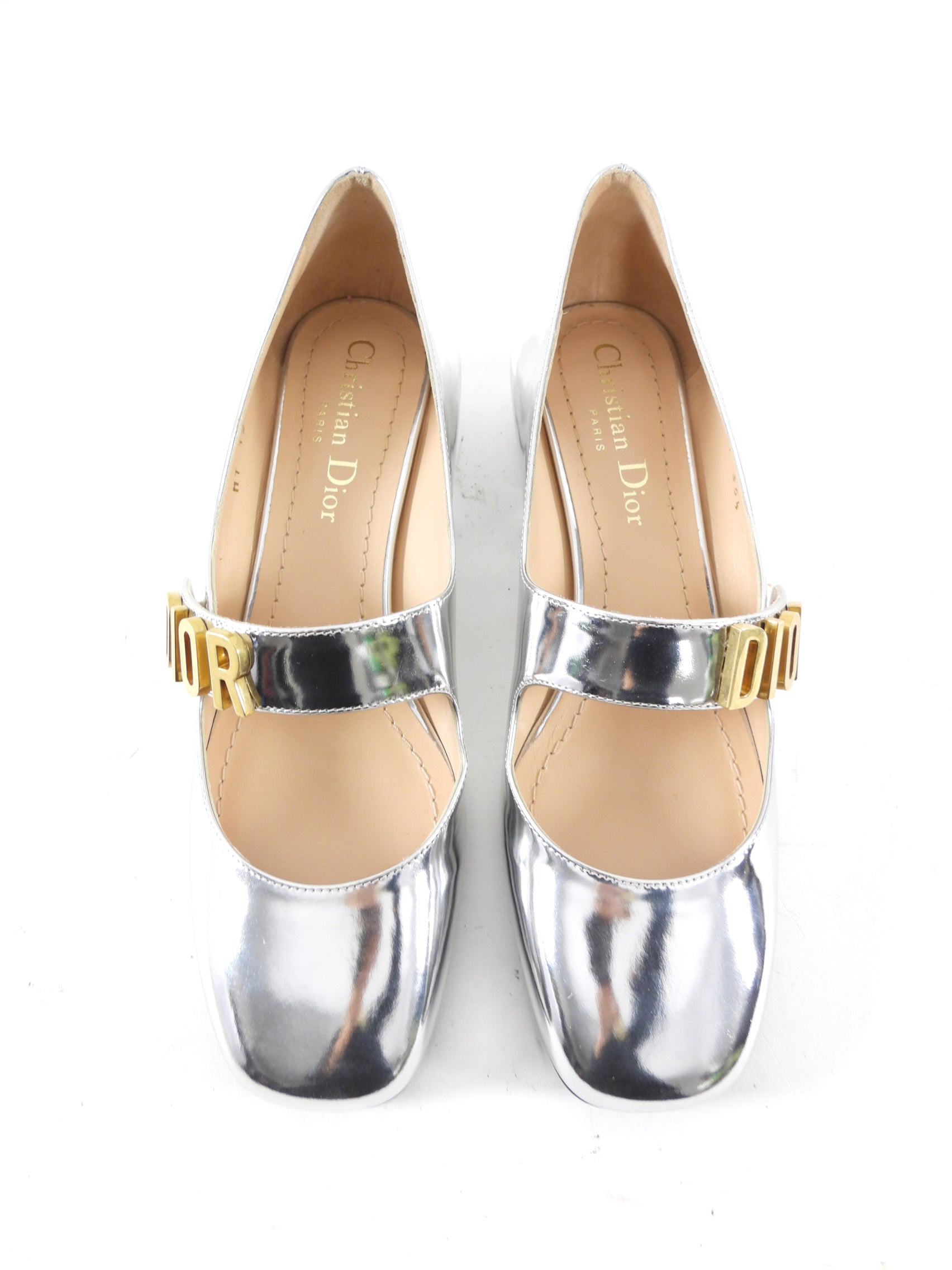 Christian Dior Silver Metallic Baby D Block Heel Mary Jane Shoes Size 35.5 - Luxury Women's Dress Pumps for Weddings, Parties & Formal Events