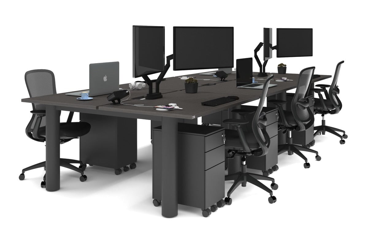 Quadro Cylinder Leg 6-Person Office Workstation Desk - 1400L x 800W with Cable Management Scallop - Modern Open Office Layout, Team Collaboration Space, Shared Workspace Solution
