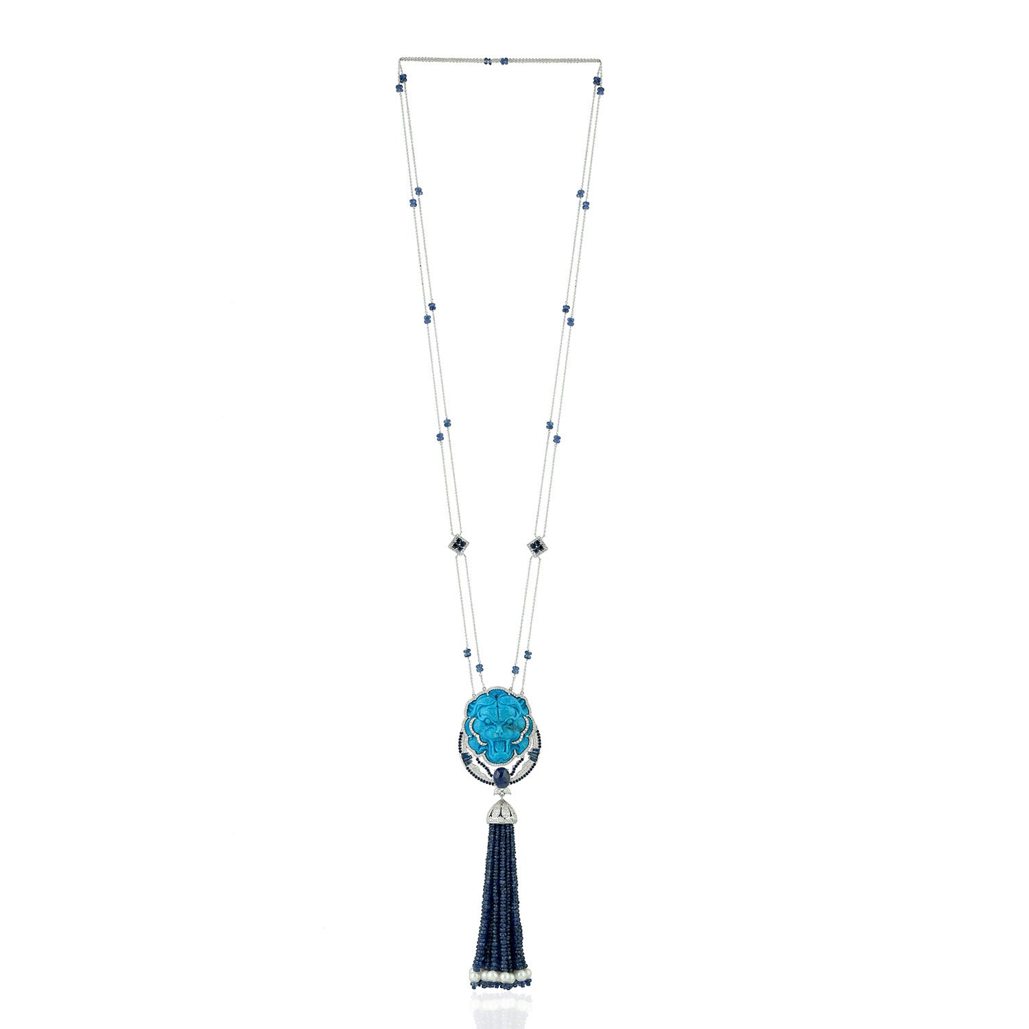 Handcarved Turquoise Sapphire Pearl Tassel Rope Lariat Necklace in 18k Gold - Elegant Boho Jewelry for Women, Perfect for Weddings, Parties & Special Occasions