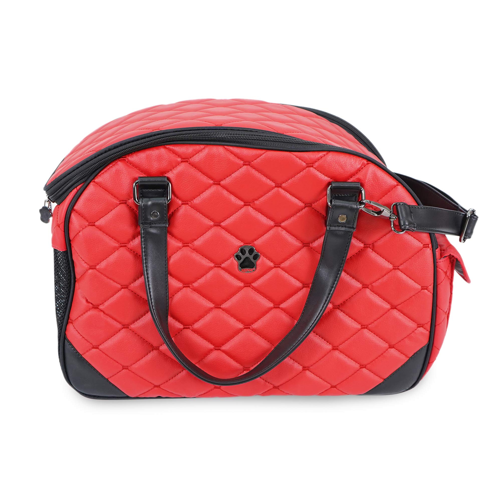 SUSSEXHOME Waterproof Faux Leather Pet Carrier for Small Dogs & Cats - 17.3 x 8.25 x 10.6 Inch Travel Tote Bag with Double Strap - Airplane, Car & Vet Visits - Red
