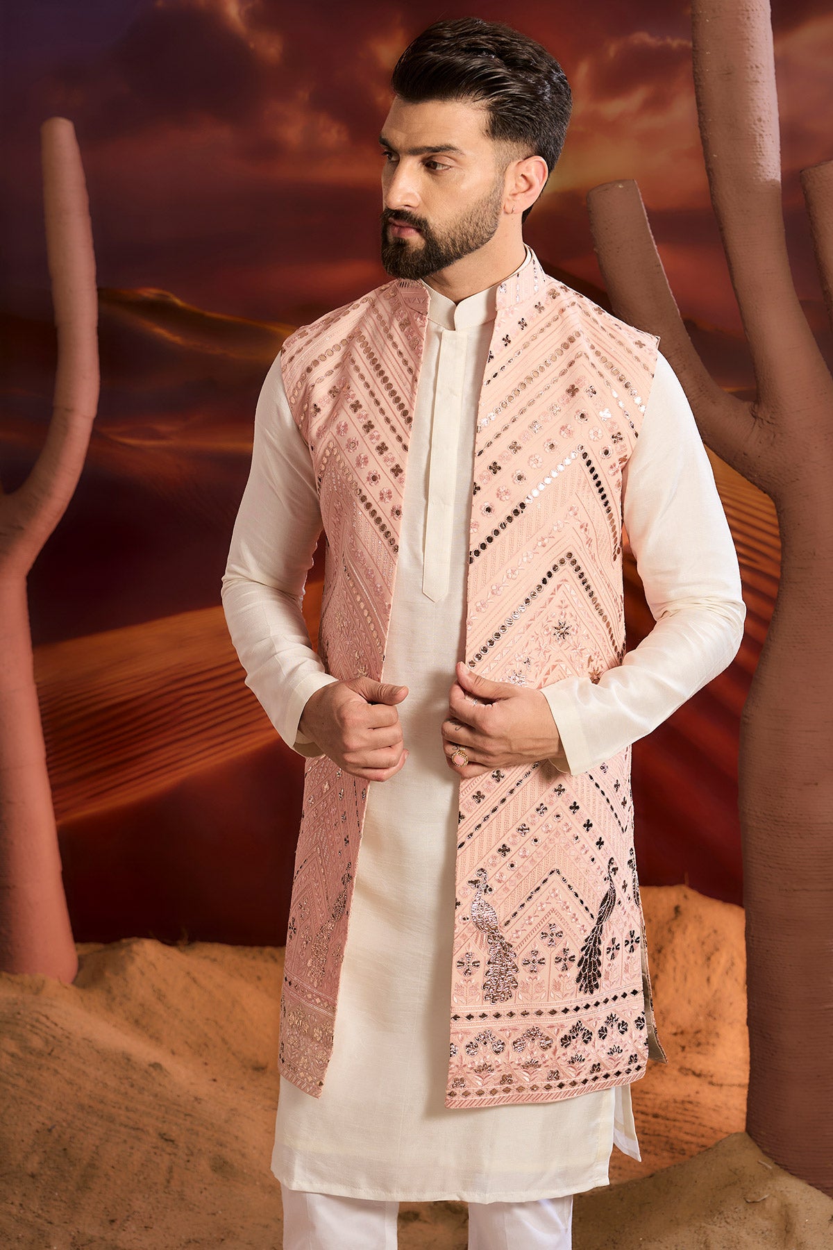 Elegant Light Pink Long Open Shrug with Intricate Leather Patchwork Floral & Animal Motifs - Perfect for Boho Chic Outfits and Evening Wear