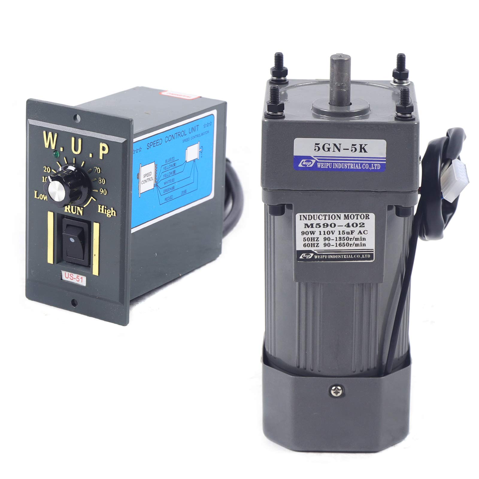 110V 90W 270RPM AC Gear Motor with Variable Speed Controller - Single Phase Electric Geared Motor for DIY Projects, Conveyor Belts, and Industrial Machinery (5K Potentiometer Included)