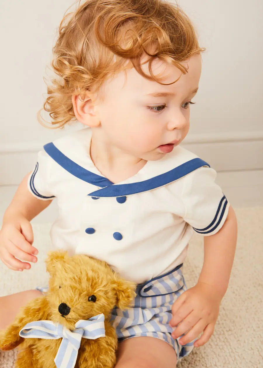 Blue Regency Stripe Mariner Collar Two-Piece Set with Bloomers for Baby Girls 6 Months to 3 Years | Vintage-Inspired Outfit for Photoshoots, Parties & Special Occasions